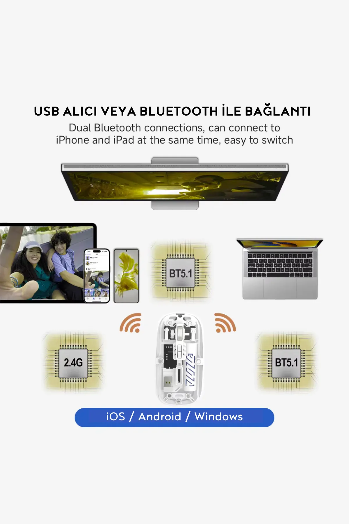 Vetech Şarjlı Kablosuz Mouse Şeffaf Tasarım Bluetooth + USB Çift Mod Telefon / Tablet / Laptop / PC