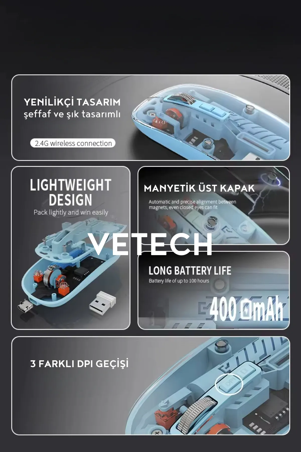 Vetech Şarjlı Kablosuz Mouse Şeffaf Tasarım Bluetooth + USB Çift Mod Telefon / Tablet / Laptop / PC