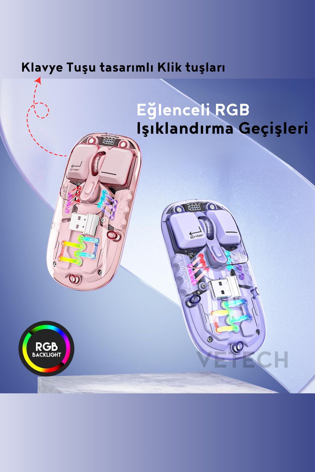 Vetech Şarjlı Kablosuz Mouse RGB Işıklı Şeffaf Tasarım Bluetooth + USB Telefon / Tablet / Laptop / PC