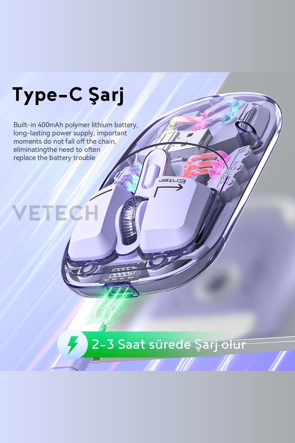 Vetech Şarjlı Kablosuz Mouse RGB Işıklı Şeffaf Tasarım Bluetooth + USB Telefon / Tablet / Laptop / PC