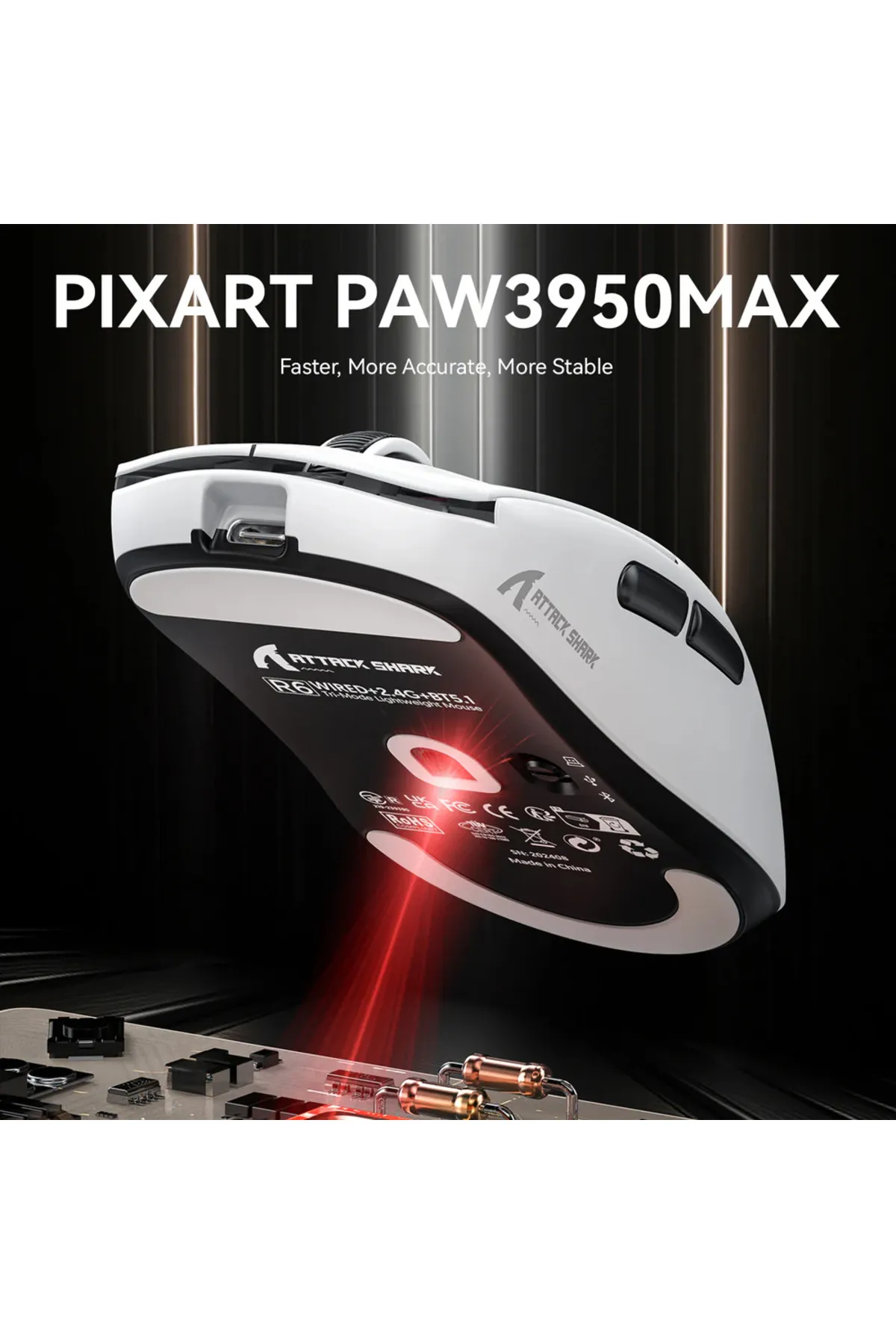 Meyer Gaming Attack Shark R6 Ultralight 39g 4000/8000 Hertz Kablosuz Gaming Mouse 4K/8K PAW3950MAX