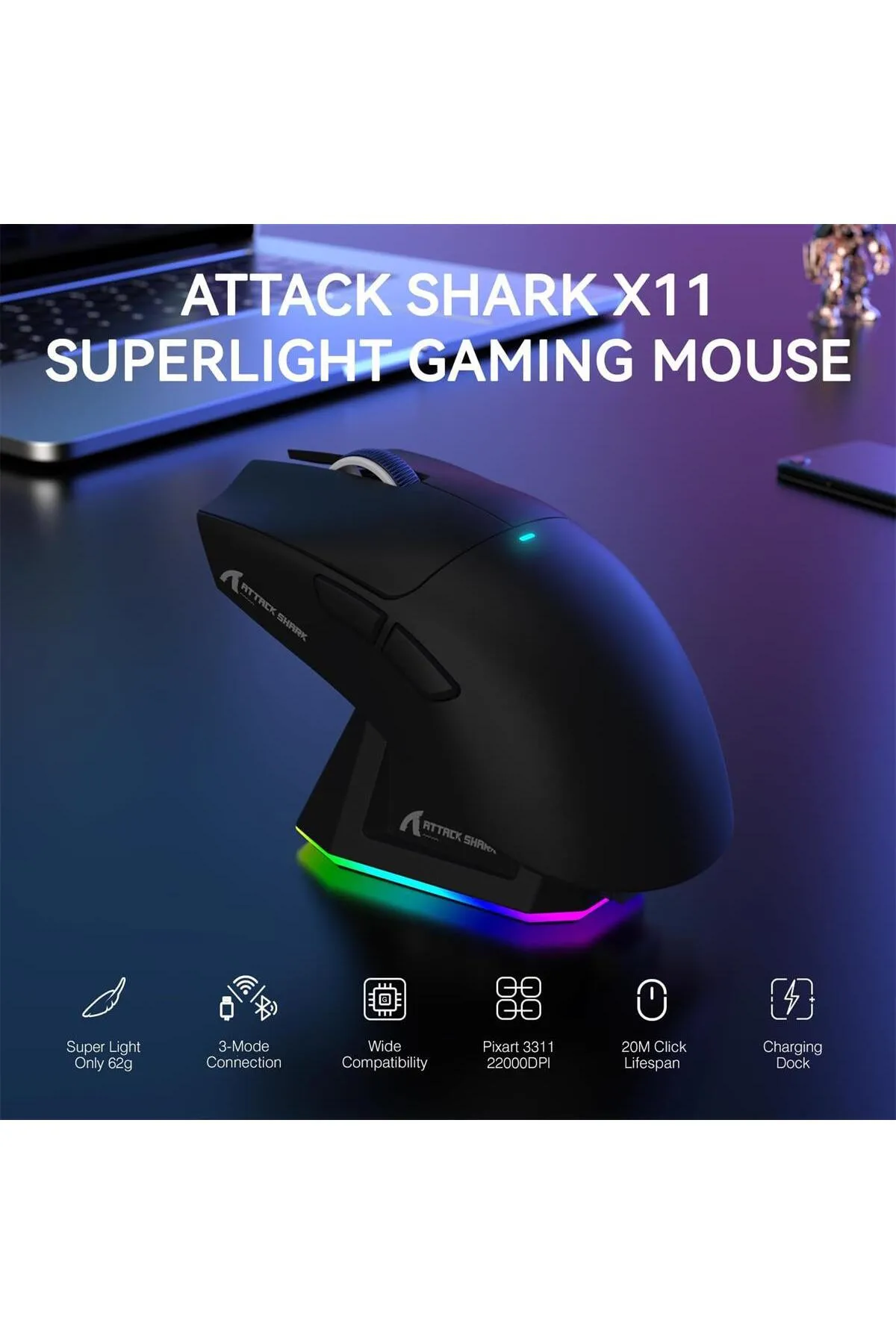 Meyer Gaming Attack Shark X11 SUPERLIGHT 22000 DPI PAW3311 Şarj İstasyonlu Kablosuz Oyuncu Faresi Siyah