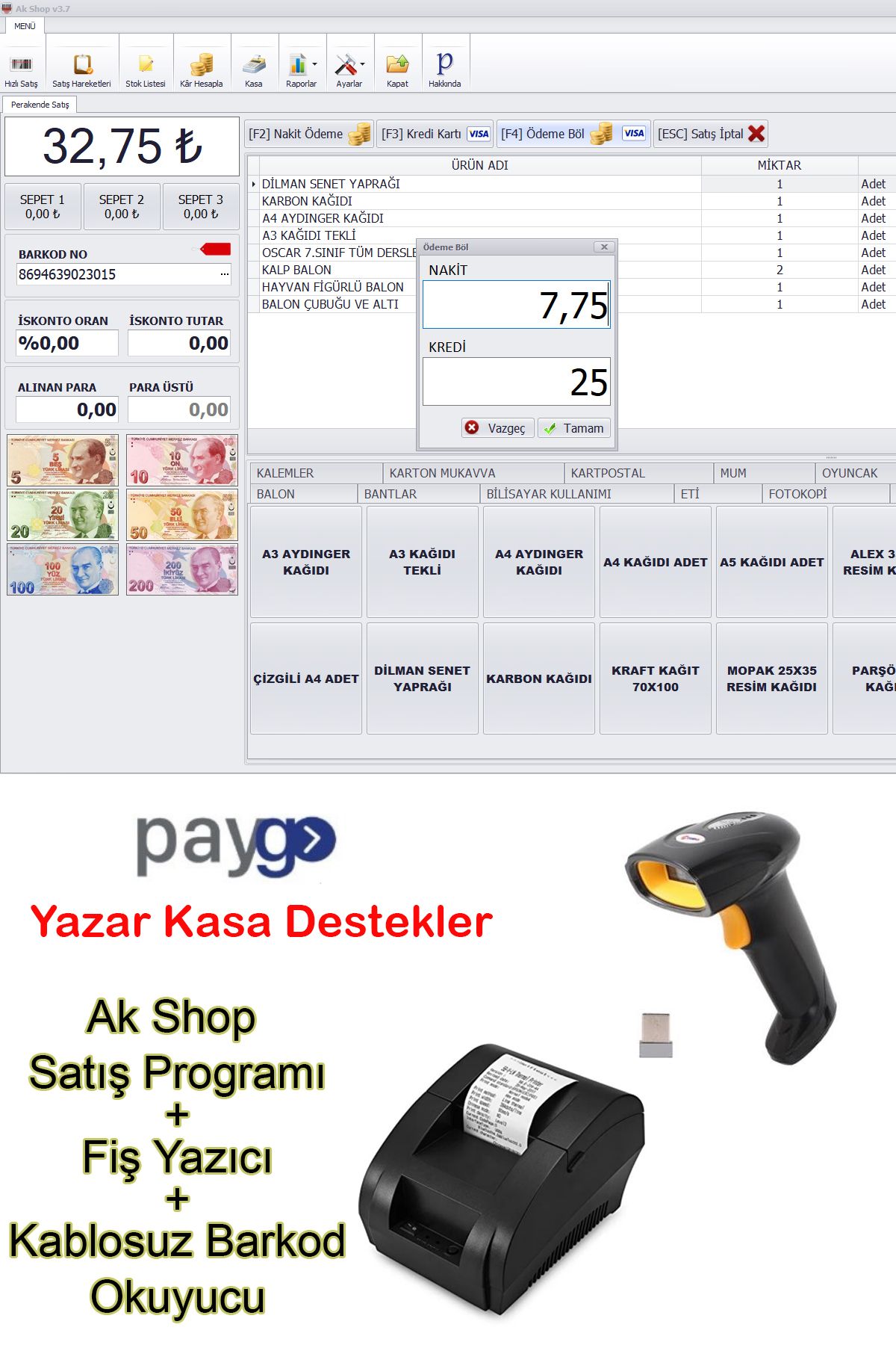 PazarTimi Barkod Satış Sistemi & Market Programı & Fiş Yazıcı & Kablosuz Barkod Okuyucu