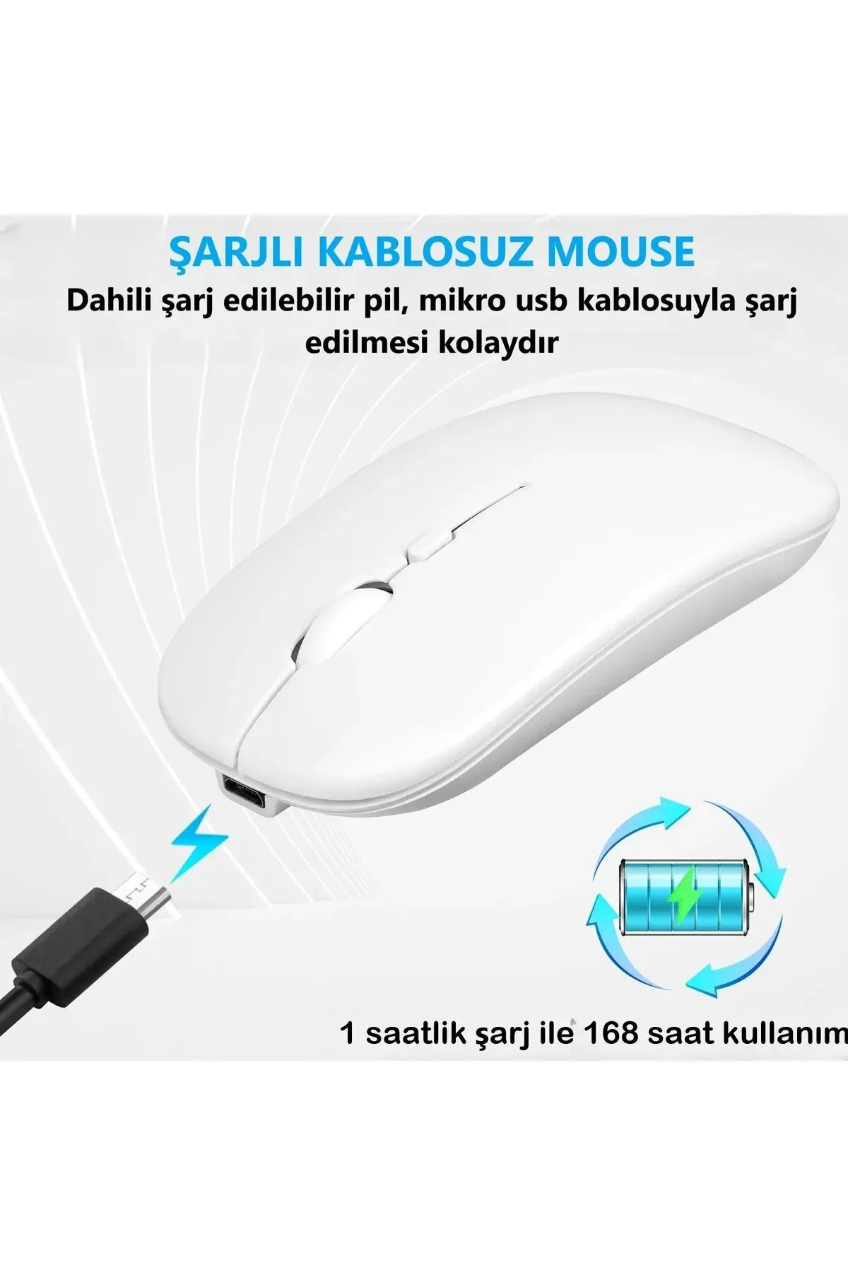 Tiffany Beyaz Kablosuz Wireless 2.4g Bluetooth Sessiz Mouse Şarj Edilebilir Rgb Renkli Ergonomik Tasarımlı