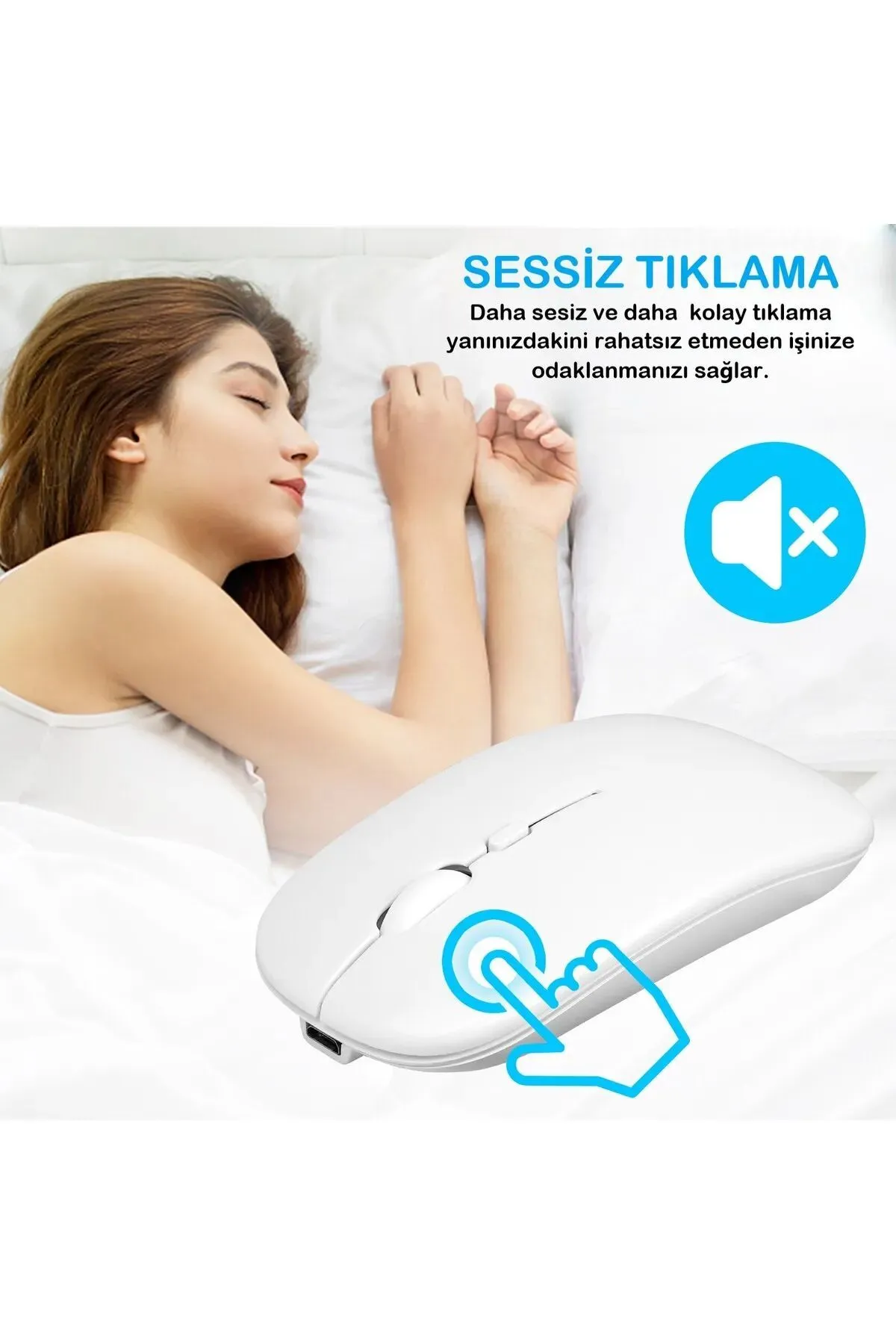 Tiffany Beyaz Kablosuz Wireless 2.4g Bluetooth Sessiz Mouse Şarj Edilebilir Rgb Renkli Ergonomik Tasarımlı