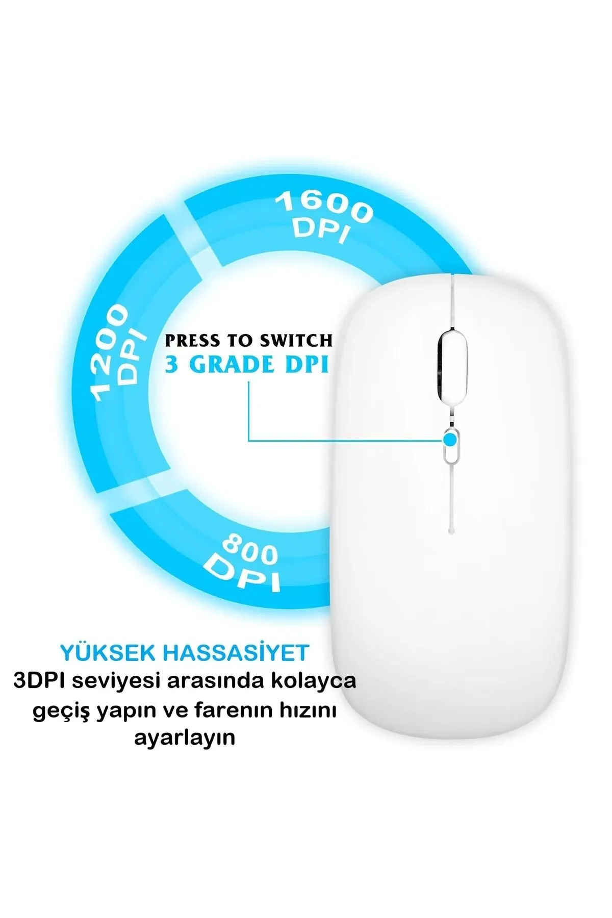 Tiffany Beyaz Kablosuz Wireless 2.4g Bluetooth Sessiz Mouse Şarj Edilebilir Rgb Renkli Ergonomik Tasarımlı