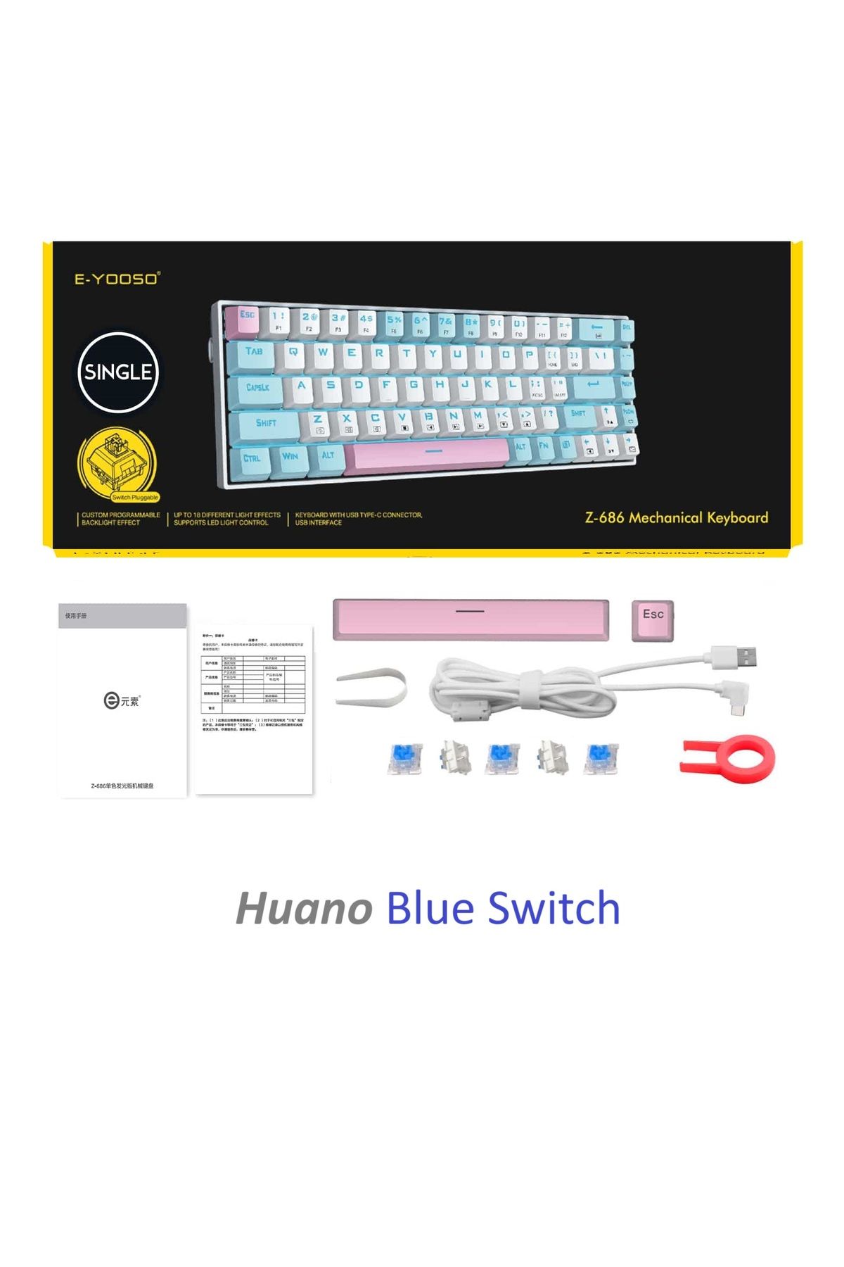 e-yooso Beyaz Mini Mekanik Klavye Z-686 Huano Blue Switch Işıklı