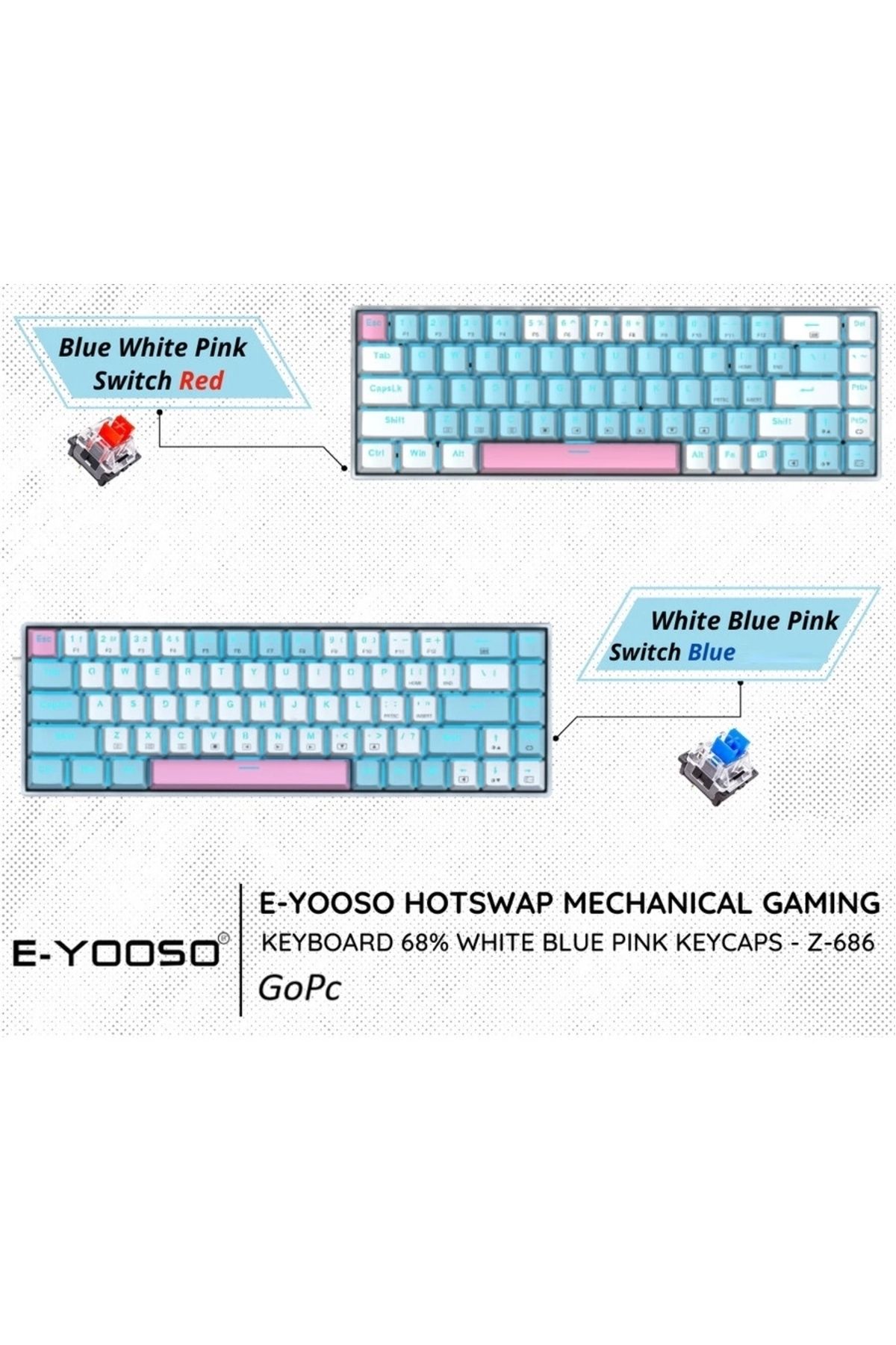 e-yooso Beyaz Mini Mekanik Klavye Z-686 Huano Blue Switch Işıklı