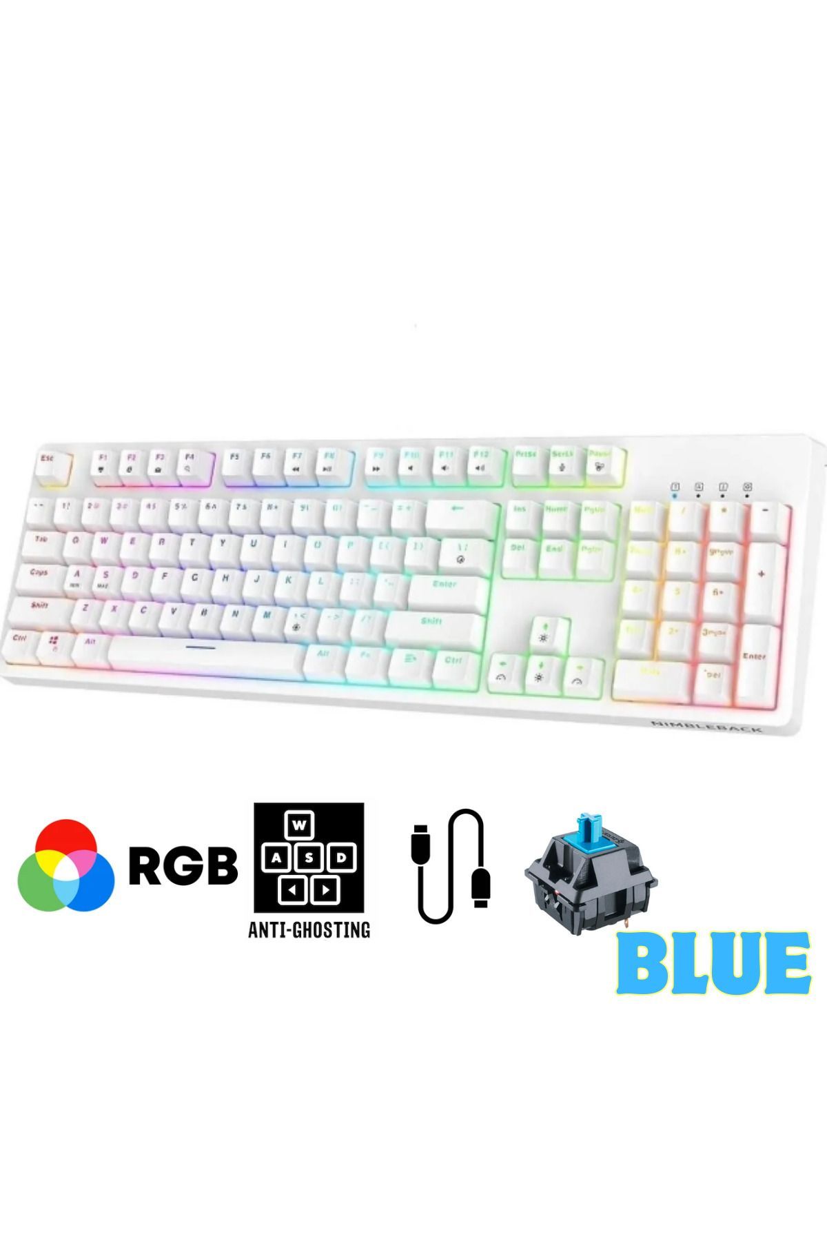 Sarftech Beyaz Rgb Mavi Switch Q Gaming Tam Mekanik Kablolu Oyuncu Klavyesi Bkb4