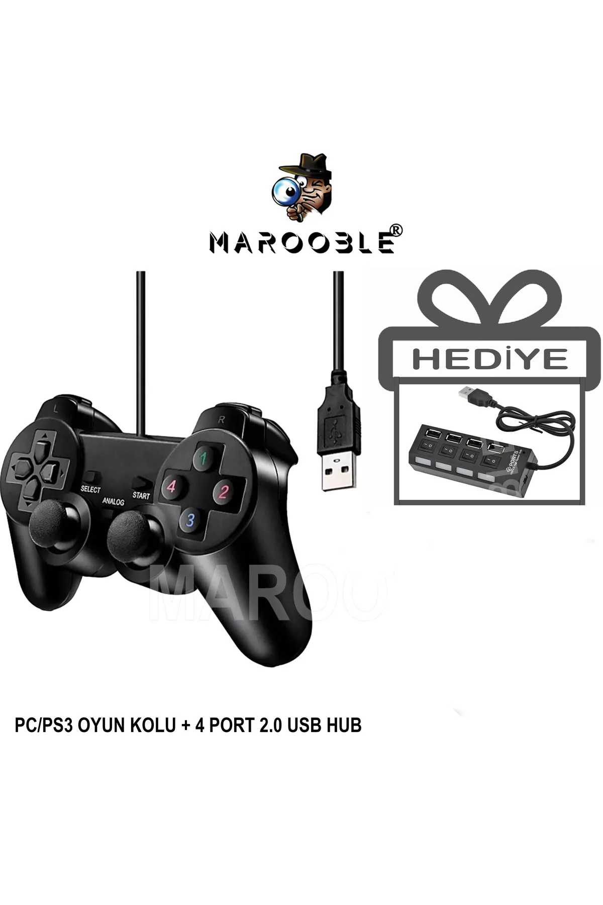 Marooble Bilgisayar ve Ps3 Uyumlu Joystick Oyun Kolu GamePad + 4 Port 2.0 Usb Hub