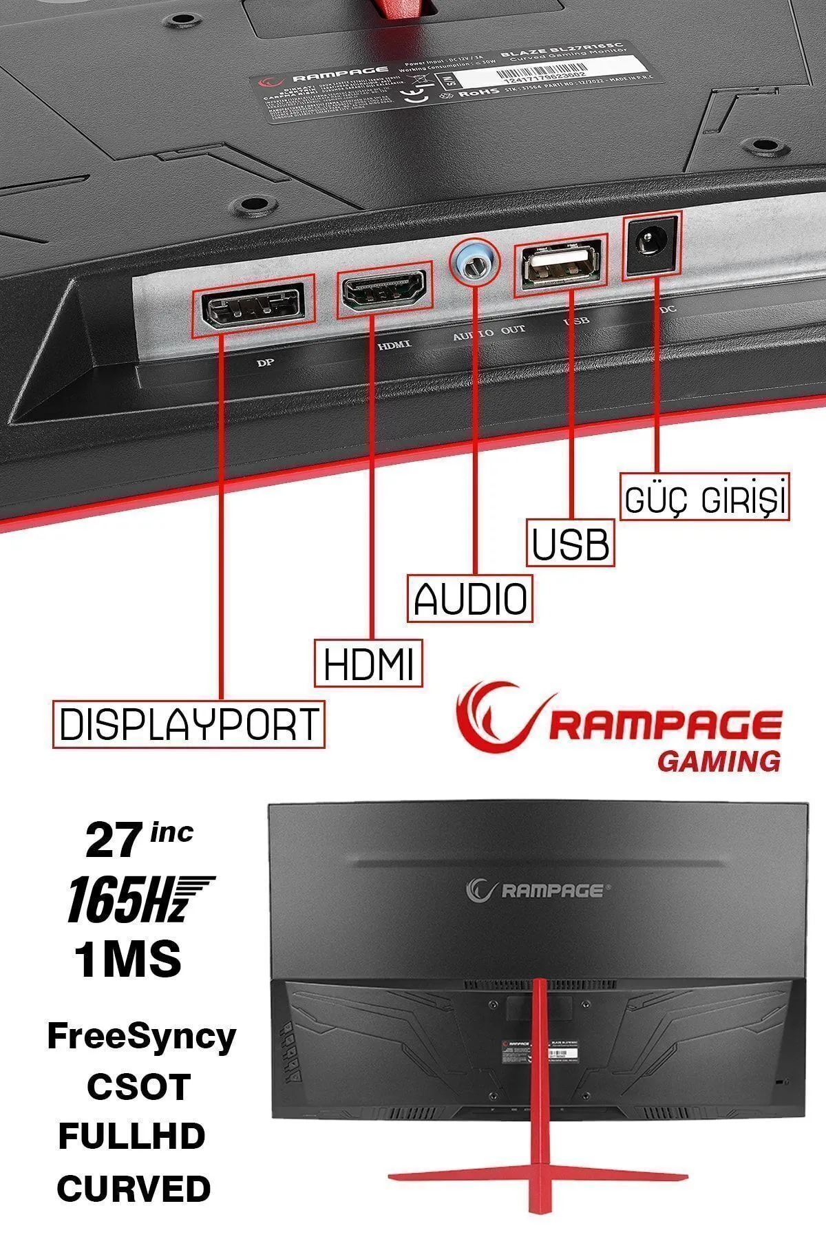 Rampage Blaze Bl 27r165c 27" 165hz 1ms Csot Va Full Hd Freesync Pc Curved Oyuncu Monitörü