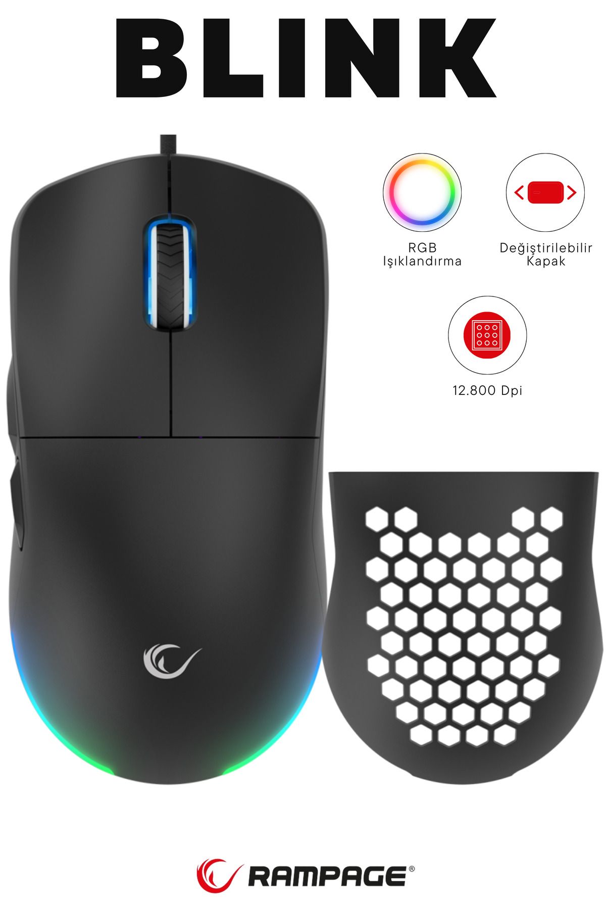 Rampage Blink Rgb Mouse Makrolu 12800 Dpi Oyuncu Mouse Gaming Mouse Örgü Kablo E-spor Mouse Profesyonel