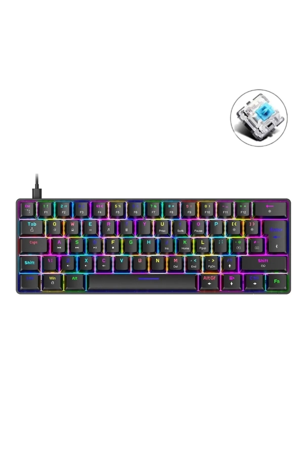 Everest Grup Blue Switch Raimbow Oyun Klavyesi Gaming Mekanik 62 Tuşlu 18 Rgb Led Usb Type-c Kablo T60