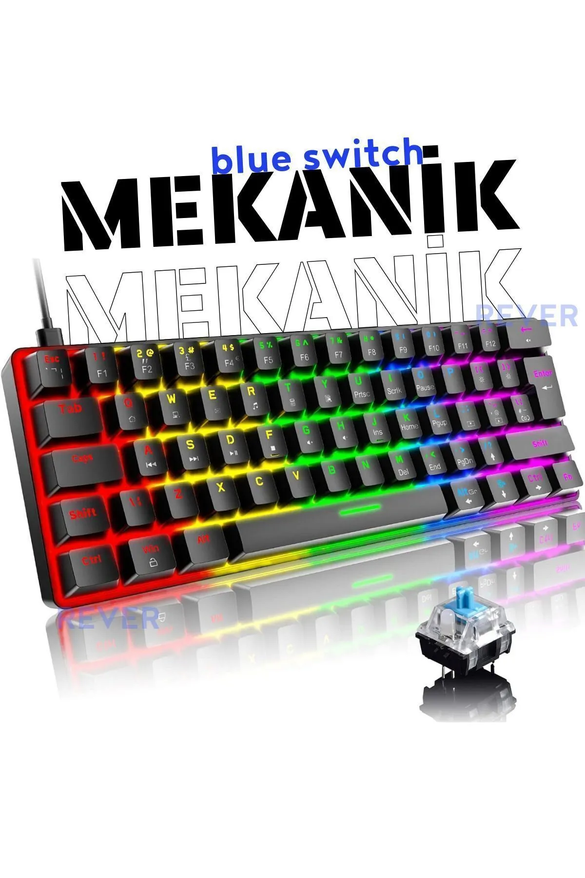 Rever Blue Switch T60 Mekanik Mini 62 Tuşlu 19 Mod Led Işıklı Gaming Oyuncu Klavyesi Siyah Klavye