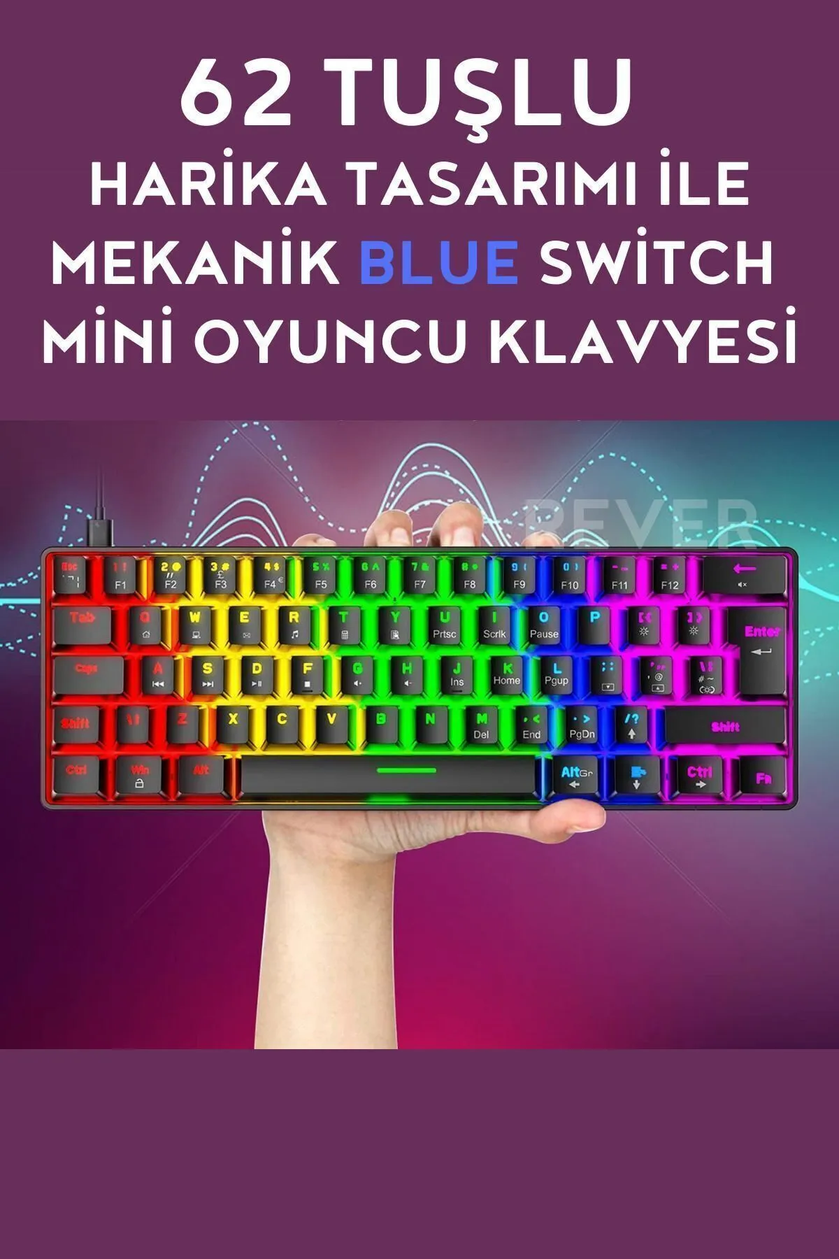 Rever Blue Switch T60 Mekanik Mini 62 Tuşlu 19 Mod Led Işıklı Gaming Oyuncu Klavyesi Siyah Klavye