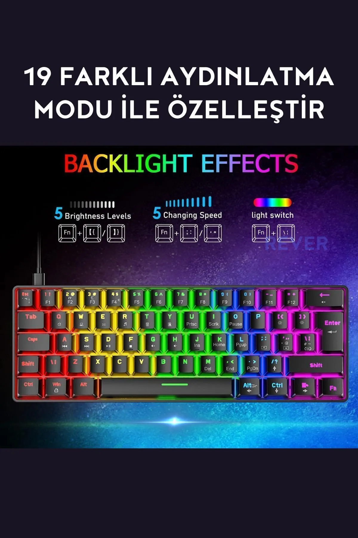 Rever Blue Switch T60 Mekanik Mini 62 Tuşlu 19 Mod Led Işıklı Gaming Oyuncu Klavyesi Siyah Klavye