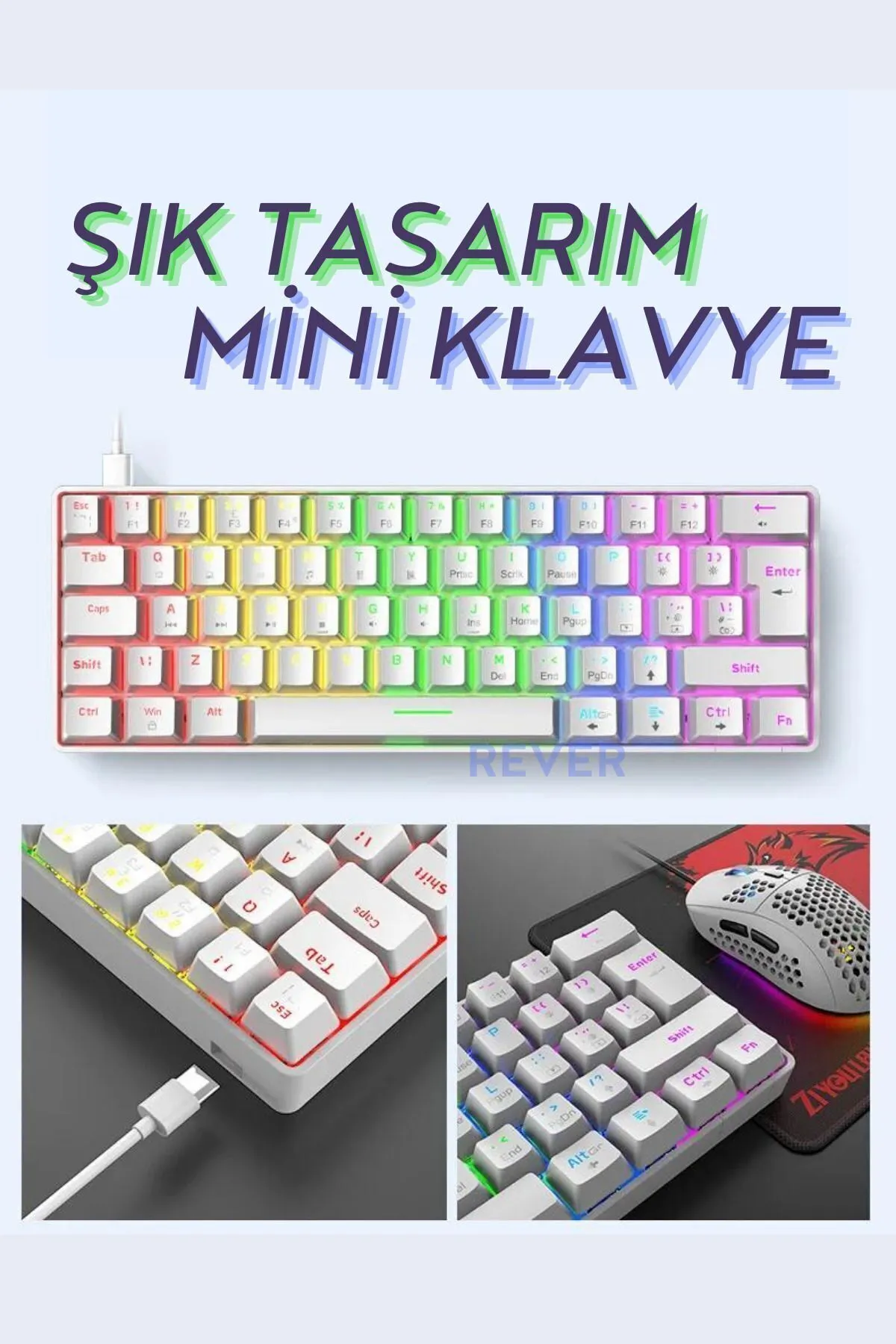 Rever Blue Switch T60 Mekanik Mini 62 Tuşlu 19 Mod Led Işıklı Gaming Oyuncu Klavyesi Siyah Klavye