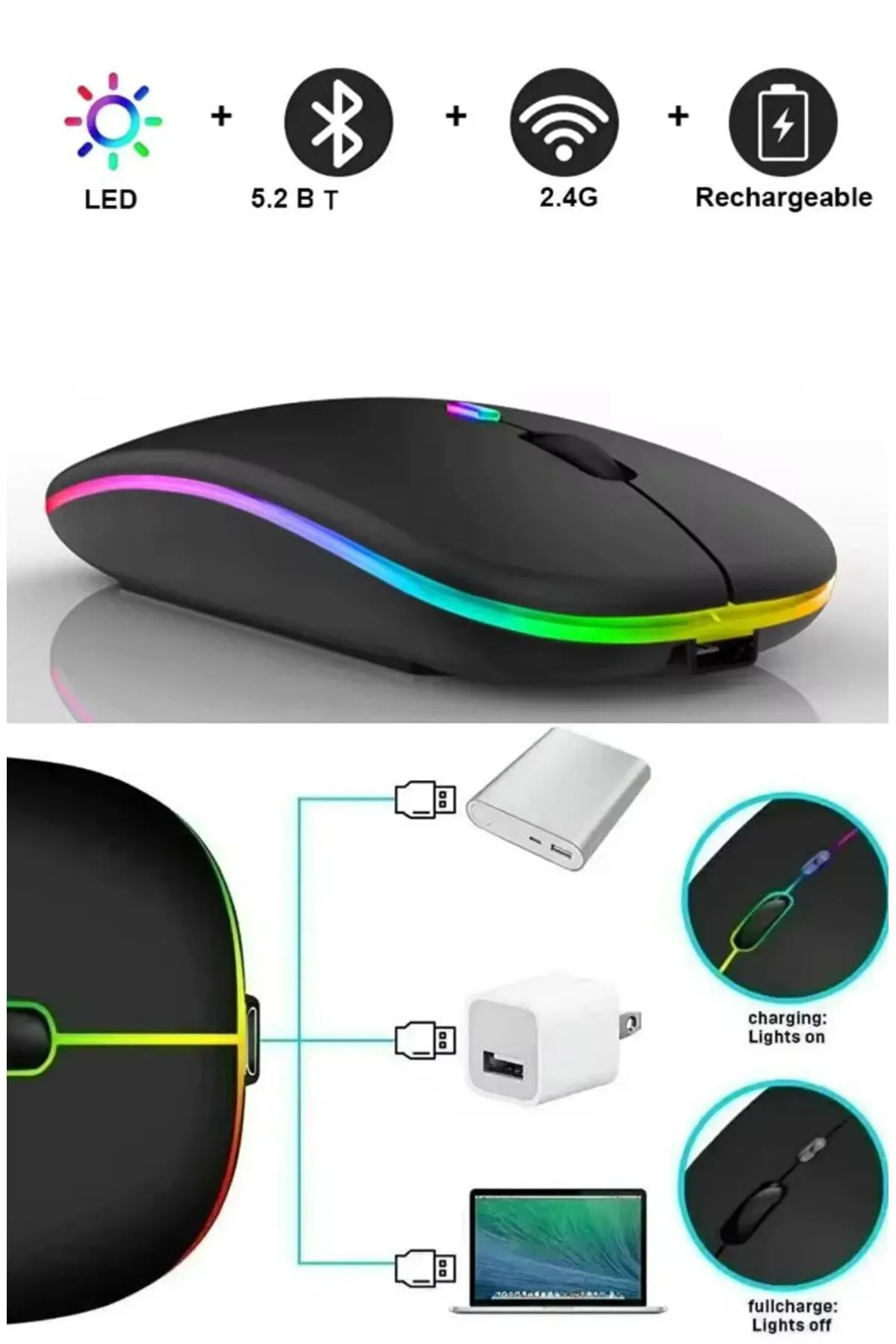 qasul Bluetooth Şarjlı 2.4ghz Kablosuz Mouse Sessiz Tıklama