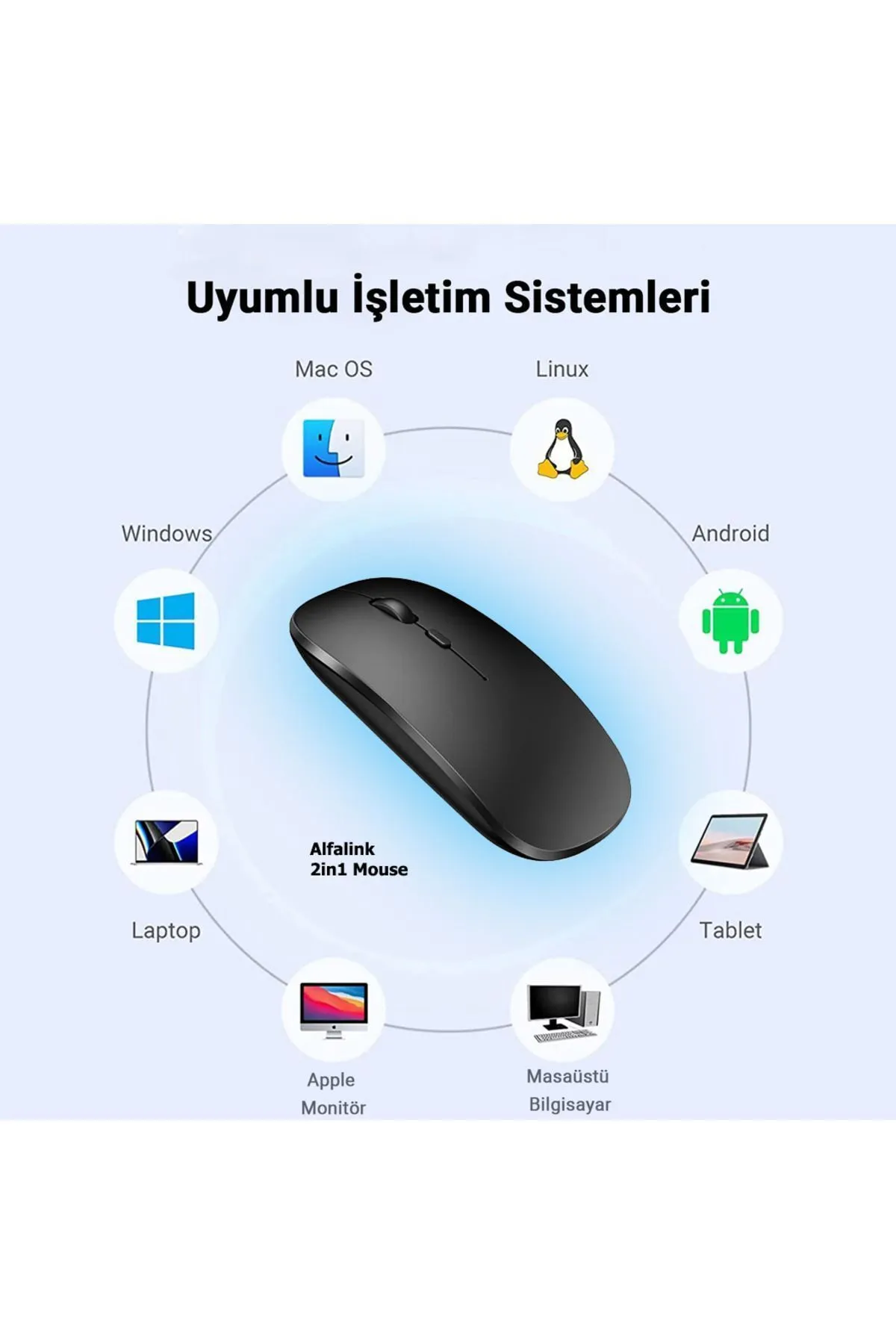 Alfalink Bluetooth Şarjlı 2.4ghz Sessiz Kablosuz Mouse Siyah