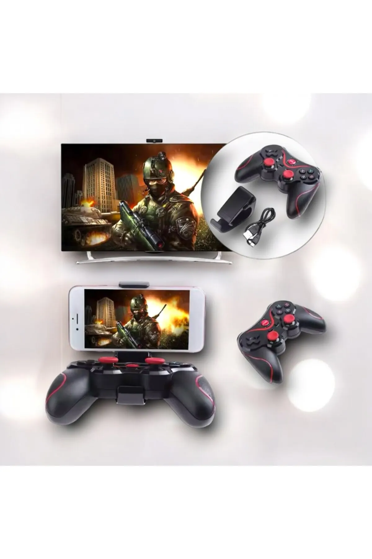 UCUZTEKNO Bluetooth Kablosuz Gamepad - Telefon Tutucu ve Uzun Pil Ömrü