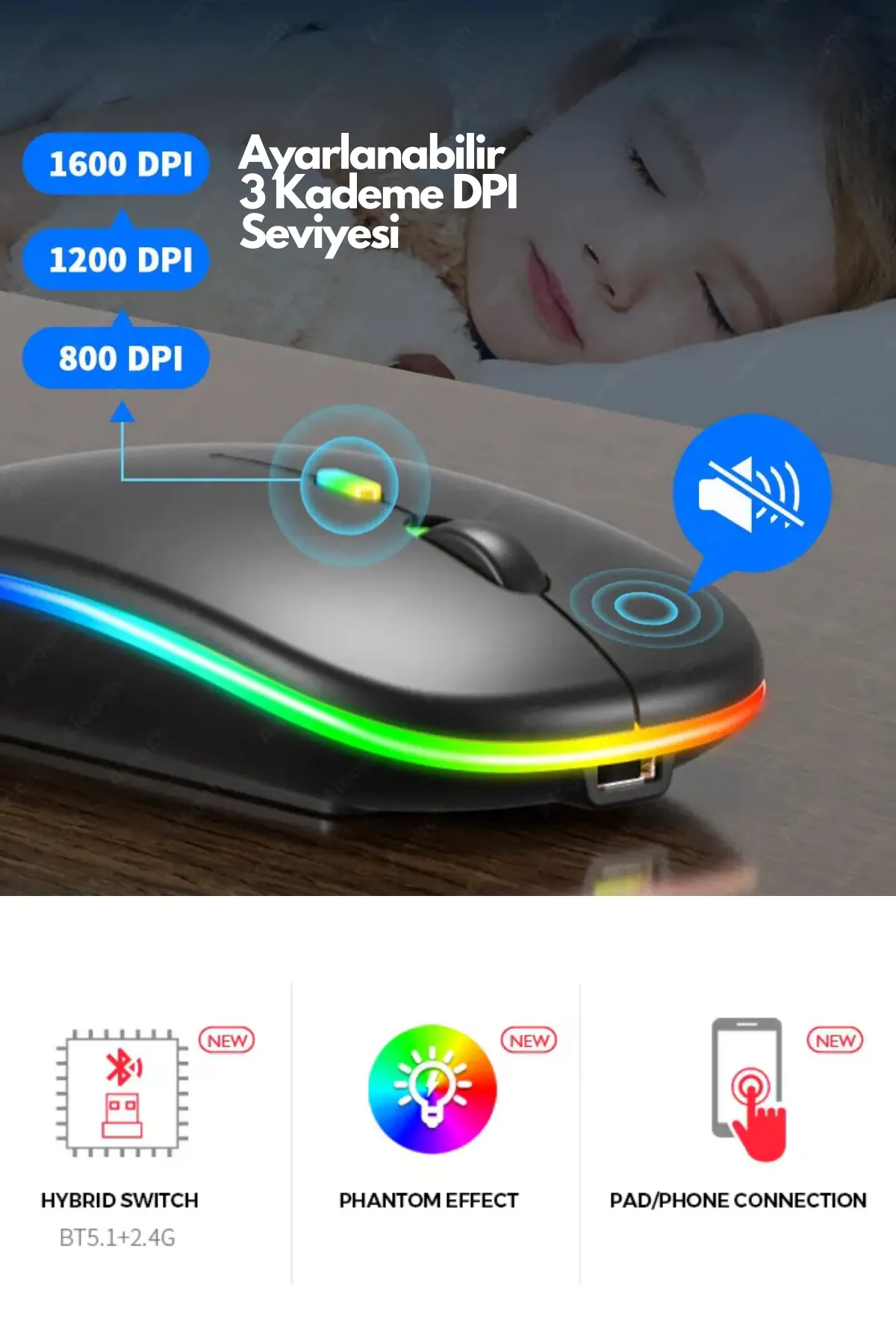 Abbruch Bluetooth Wireless Kablosuz Mouse Çift Modlu Usb 2.4g Şarj Edilebilir 800/1200/1600dpi Rgb Led