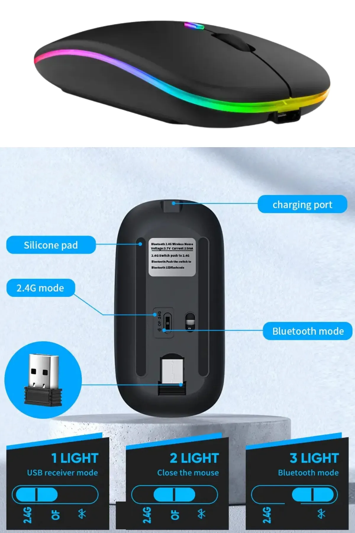 Abbruch Bluetooth Wireless Kablosuz Mouse Çift Modlu Usb 2.4g Şarj Edilebilir 800/1200/1600dpi Rgb Led