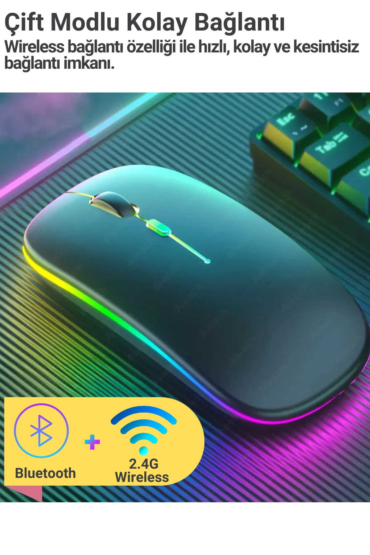 Abbruch Bluetooth Wireless Kablosuz Mouse Çift Modlu Usb 2.4g Şarj Edilebilir 800/1200/1600dpi Rgb Led