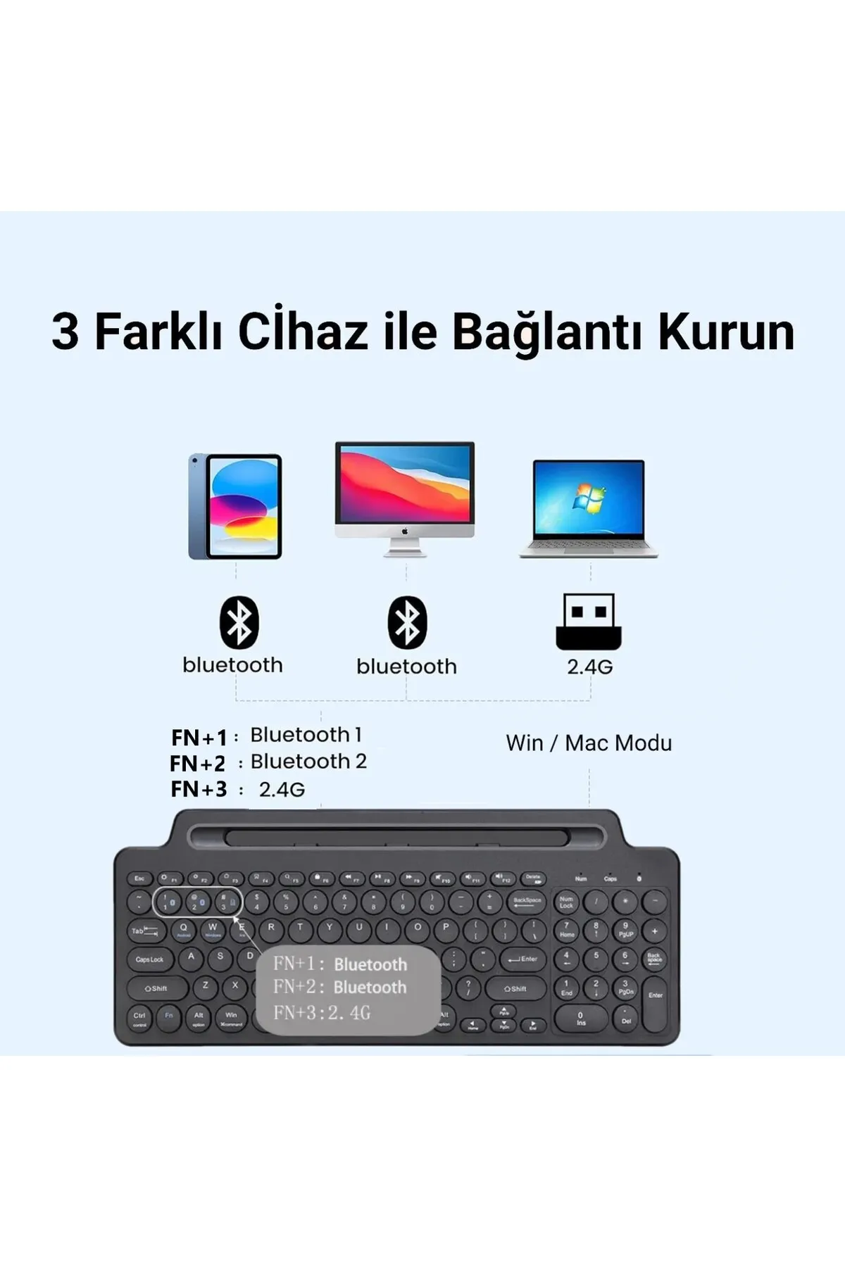 DUHALINE Bluetooth&Wireless Kablosuz Standlı Klavye Tablet Telefon Pc Tv Laptop Mac Uyumlu Numerik Sessiz Tuş