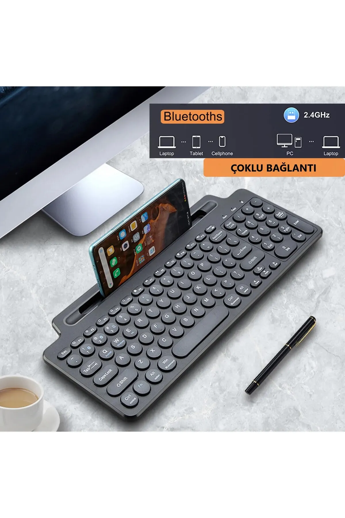 DUHALINE Bluetooth&Wireless Kablosuz Standlı Klavye Tablet Telefon Pc Tv Laptop Mac Uyumlu Numerik Sessiz Tuş