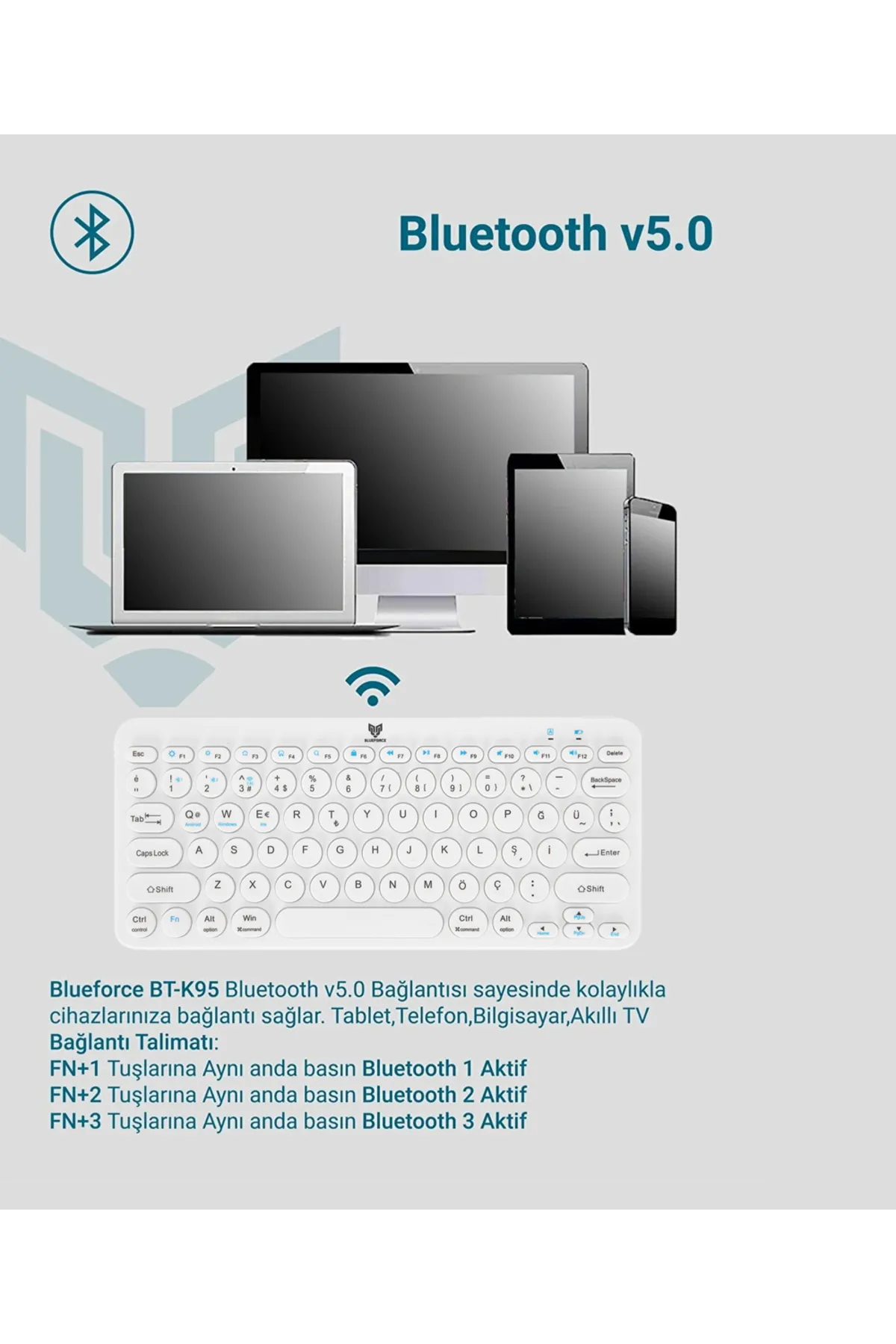 Blueforce Bt-k95 2.4ghz Wireless Bluetooth V5.0 Kablosuz Klavye Beyaz Çift Modlu