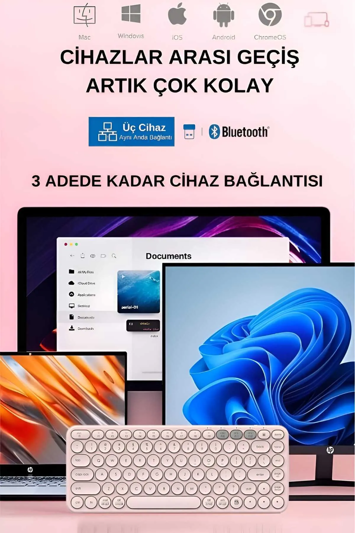 HP BTK1 Çift Modlu Kablosuz 2.4ghz & Bluetooth V5.0 Sessiz Q Klavye Pembe (Ramwhite Türkiye Garantili)