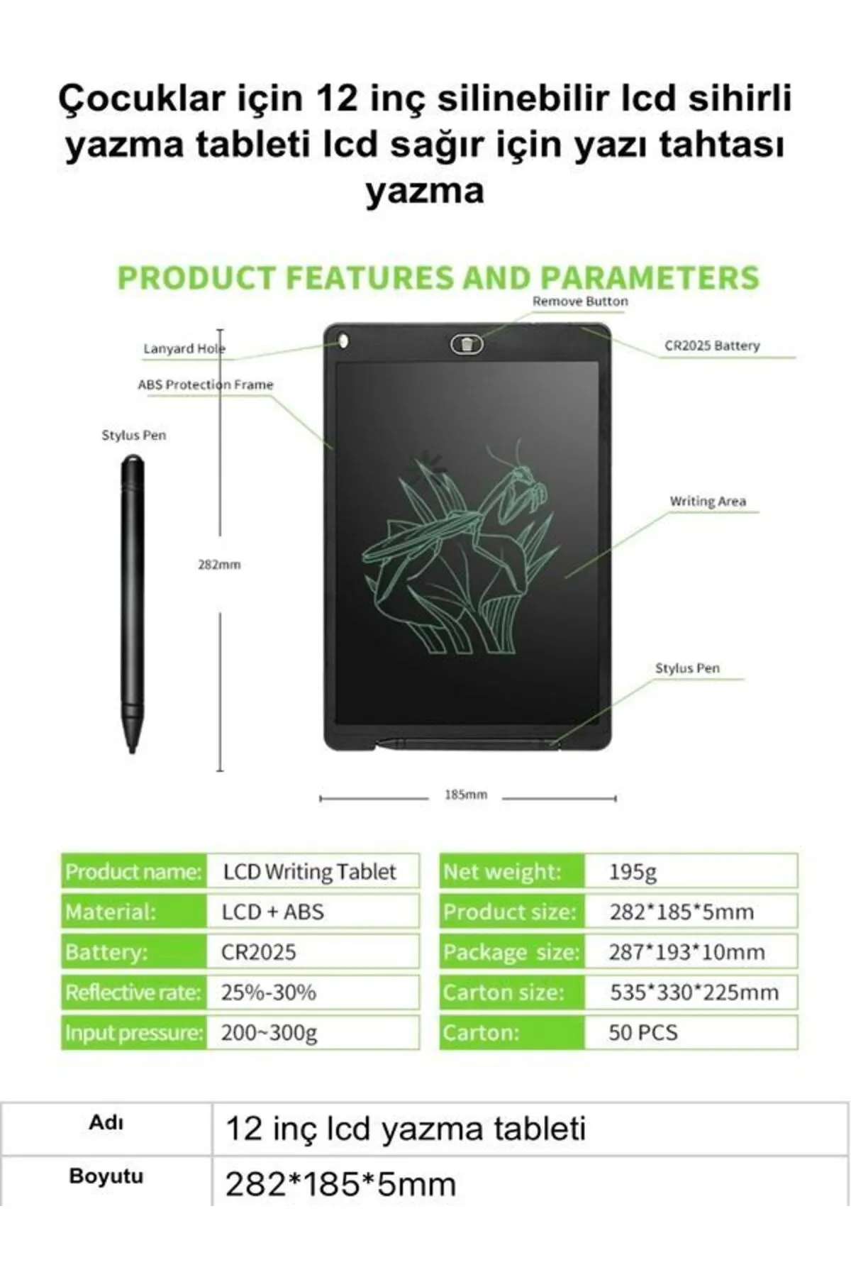 DEANB Büyük Digital Çok Amaçlı Yazı Tahtası Grafik Çizim Eğitim Tableti LCD 12" Inc Ekran