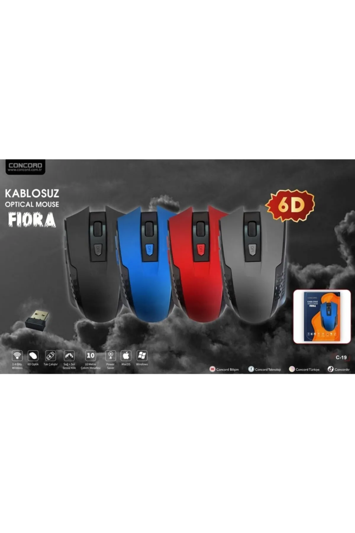 Concord C-19 Fıora 6 Tuşlu 1600 Dpı Kablosuz Fare Optik Mouse