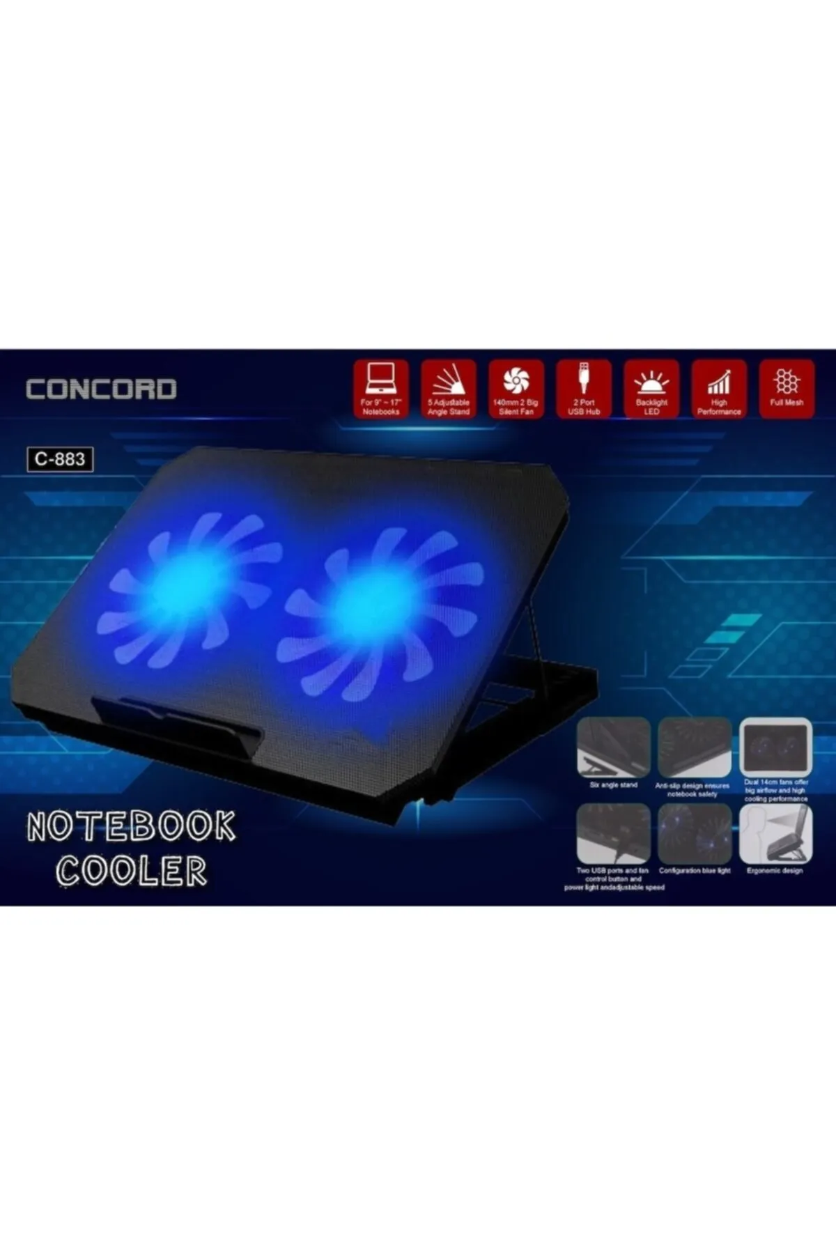 Concord C-883 2 Fanllı Işıklı Standlı Laptop Soğutucu