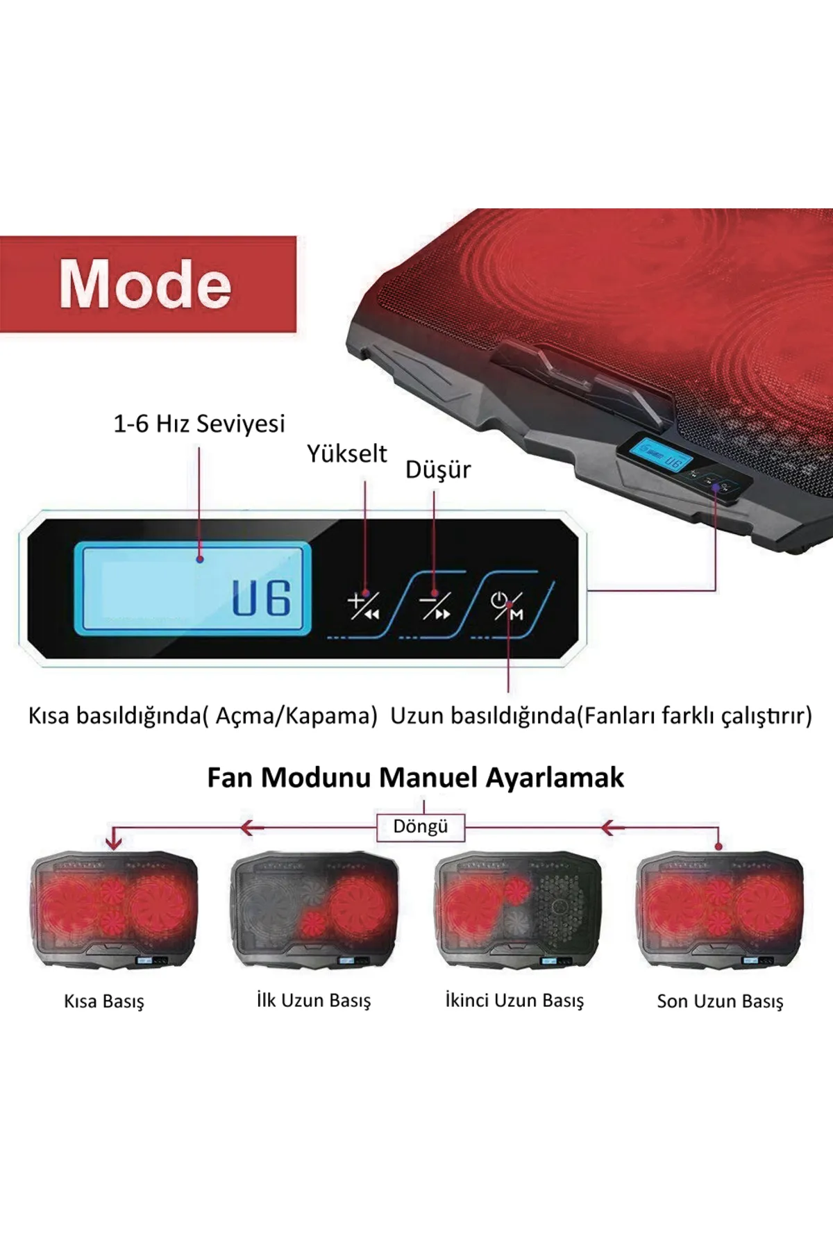 Concord C-884 Hız Ayarlı Dijital Gösterge 4 Fan Kademeli Oyuncu Gaming Laptop Soğutucu Stand Cooler