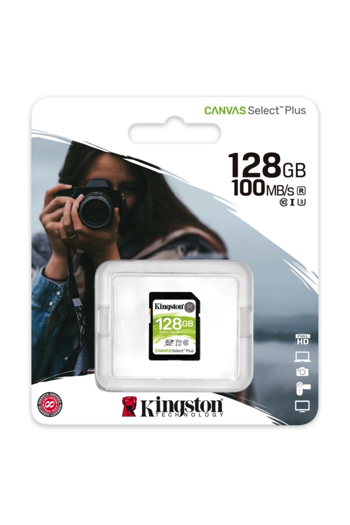 Kingston Canvas Select Plus 128GB 100MB/s C10 UHS-I U1 V10 SDS2/128GB Sdxc Kart