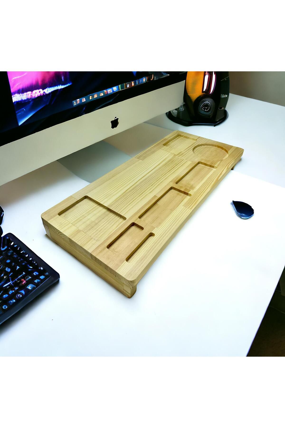 Butik CEren Wooden Ahşap Masif Monitör Altı Önü Organizer Monitör Bilgisayar Altlığı Standı