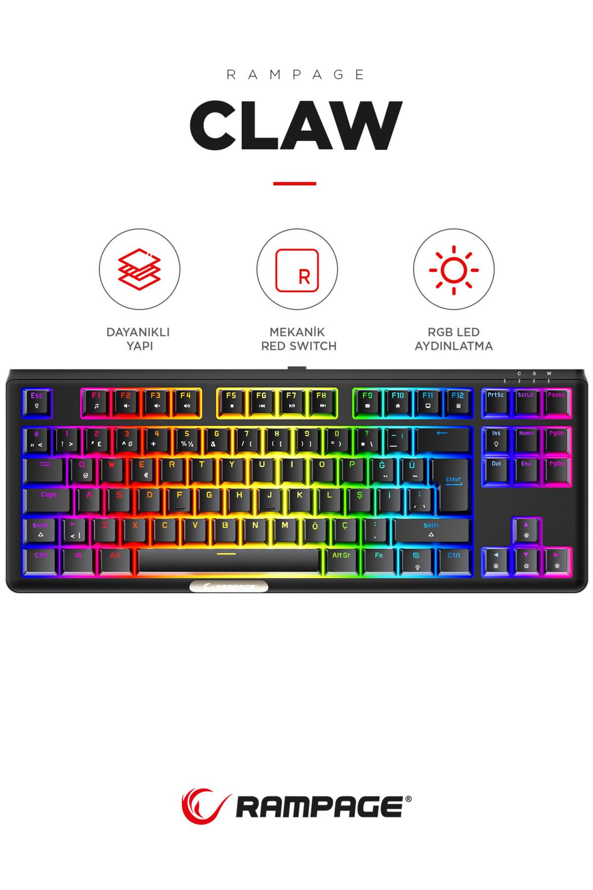 Rampage Claw Red Switch Rgb Q Mekanik Klavye Gaming Klavye Oyuncu Klavyesi TKL Klavye Antighosting Kompakt