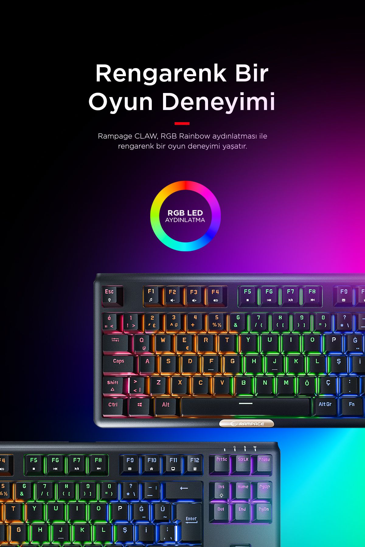 Rampage Claw Red Switch Rgb Q Mekanik Klavye Gaming Klavye Oyuncu Klavyesi TKL Klavye Antighosting Kompakt