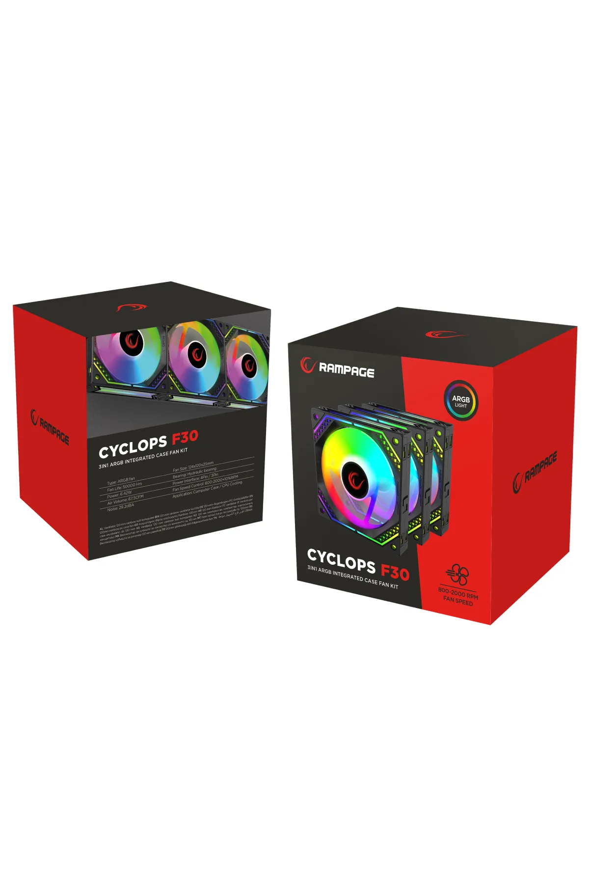 Rampage CYCLOPS F30 45CFM 2000RPM 3x12cm ARGB Fan Aura3P+4P 3in1 AIO Tümleşik Siyah Kasa Fan Kiti