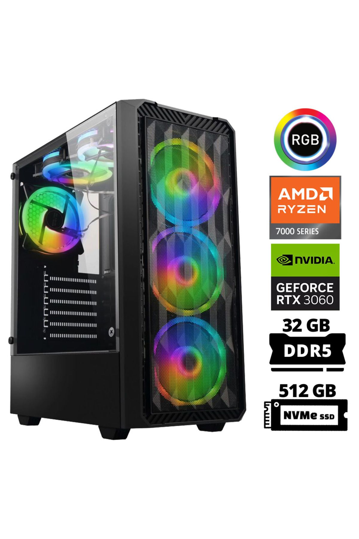 Xaser Delux X39 Ryzen 5 7500f 32gb Ddr5 Ram 512gb M.2 Nvme Ssd 12gb Rtx3060 Oyuncu Bilgisayarı