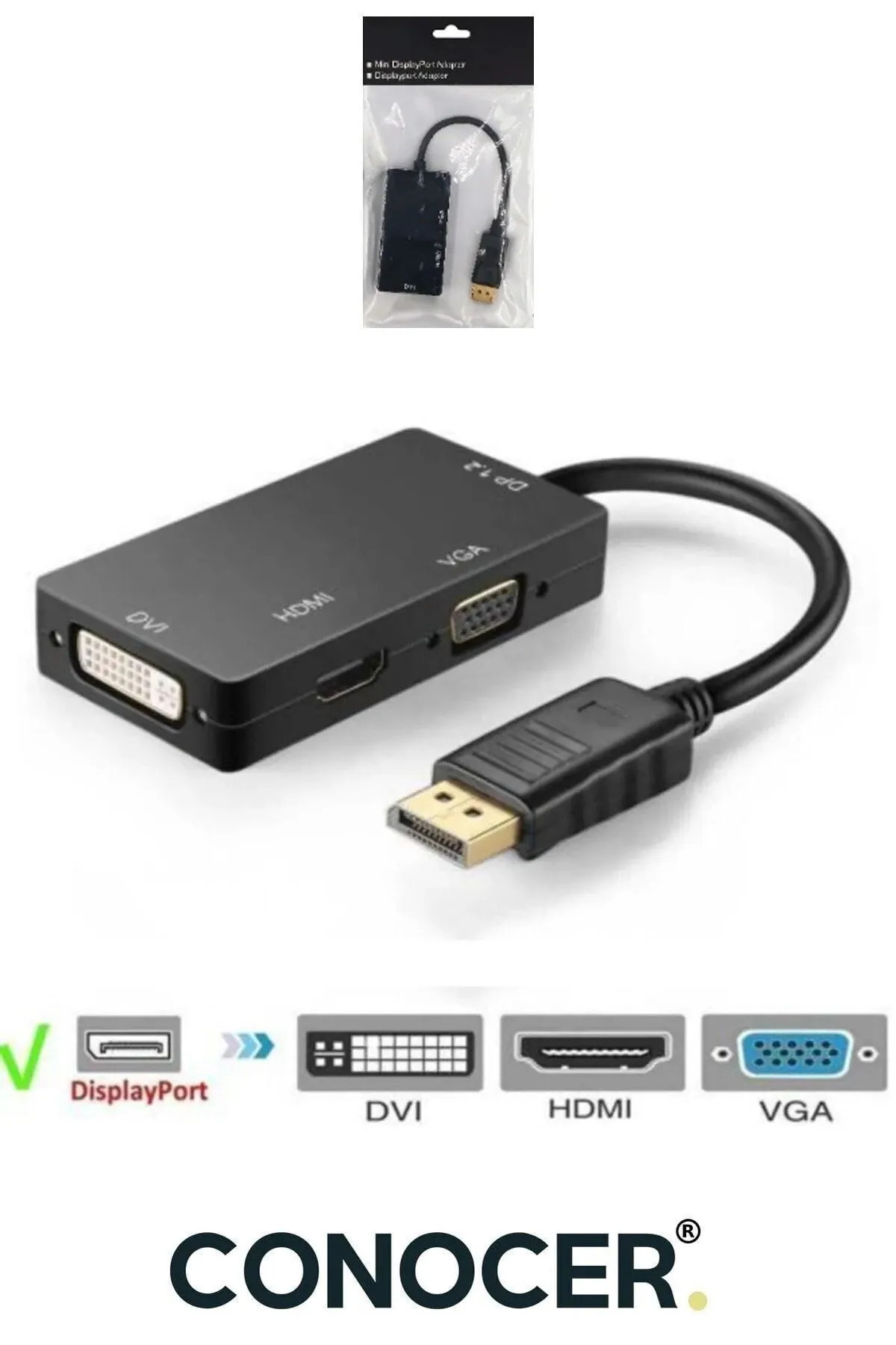 CONOCER Displayport To Vga-hdmı-dvı Dönüştürücü Adaptör Yüksek Kalite Siyah