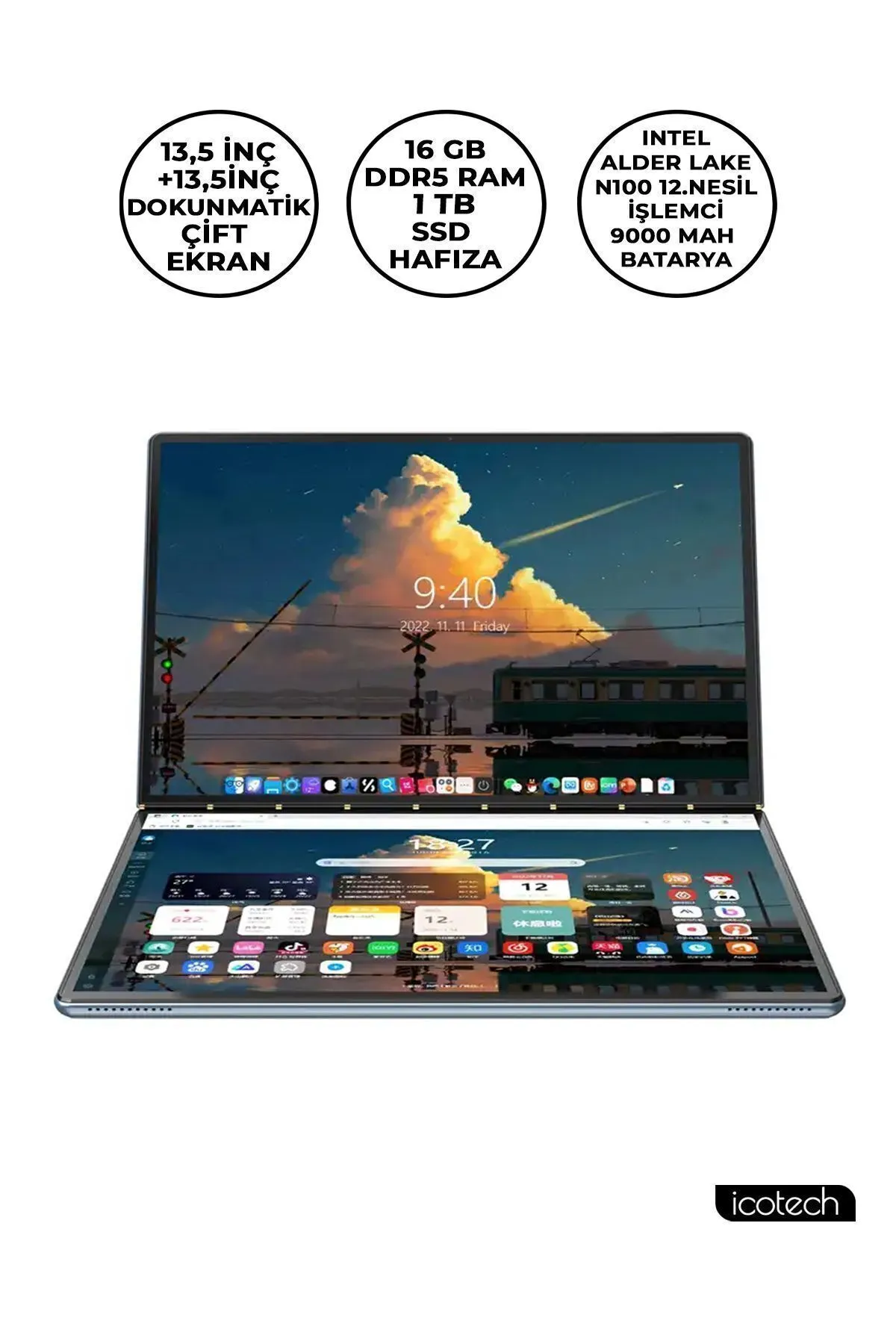 Icotech Ds13 Plus 13,5 Inç 2,5k 16gb Ram 1 Tb Ssd Çift Ekranlı Dokunmatik Laptop Dizüstü Bilgisayar