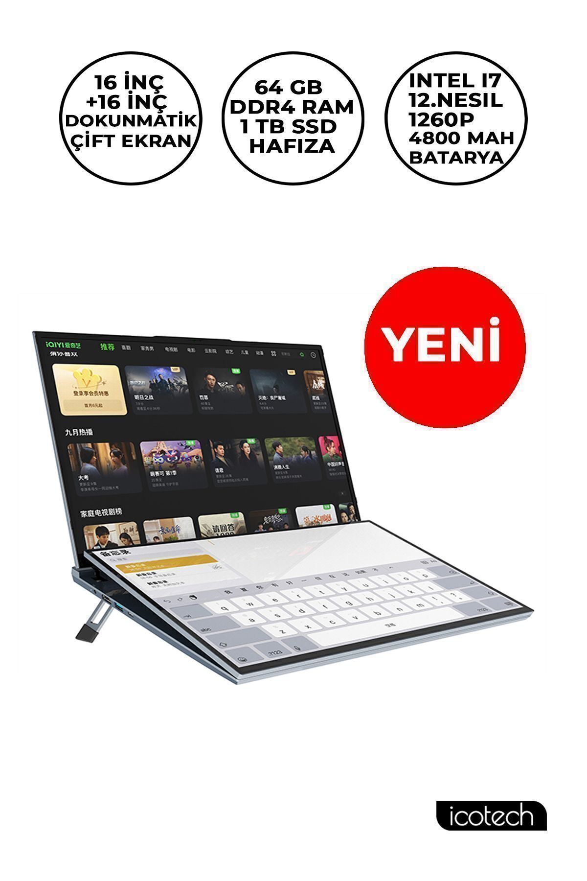 Icotech DS16 Plus 16+ 16 inç İ7 12.Nesil 64Gb Ram 1 Tb Ssd Çift Ekranlı Dokunmatik Laptop Dizüstü Bilgisayar