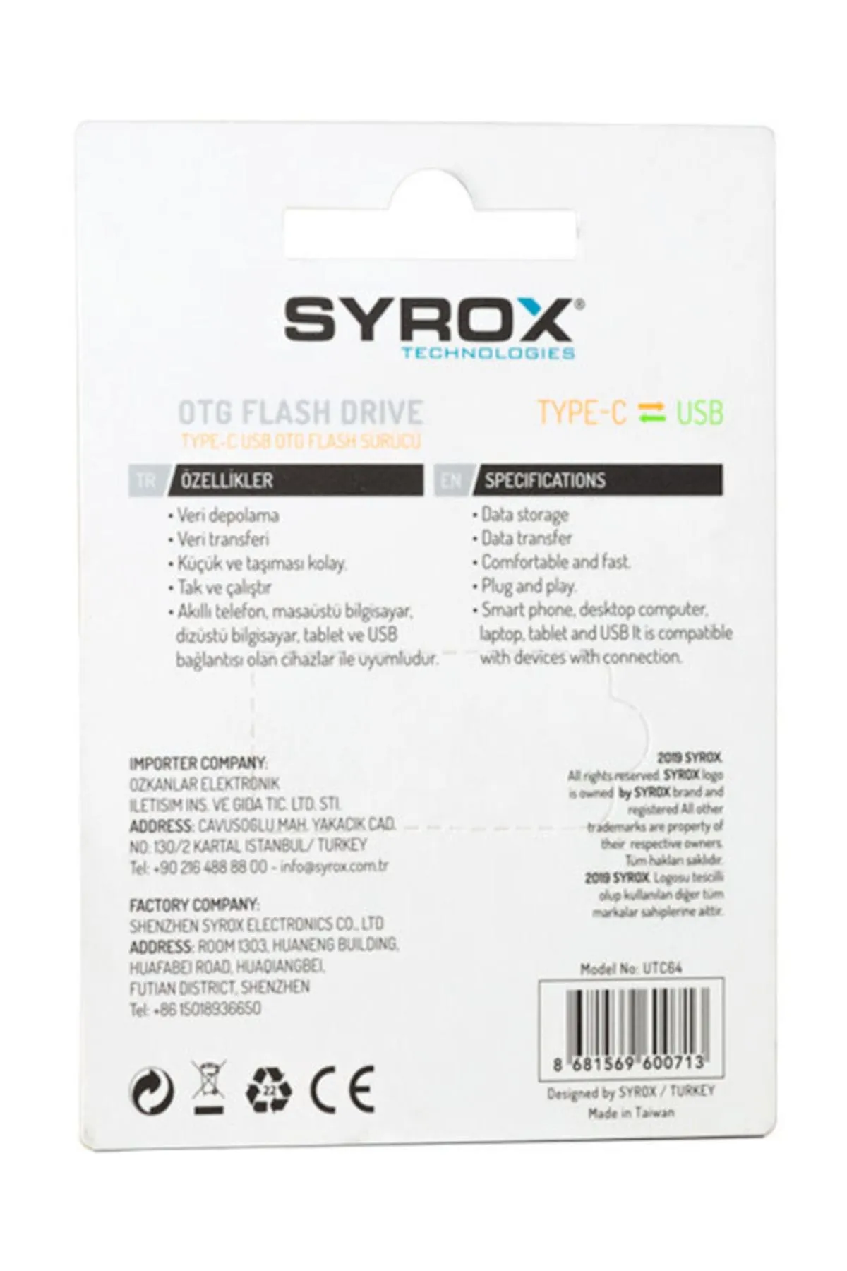 Syrox Dual Drive 64 Gb Usb 2.0 Otg / Type-c Usb Bellek Utc64 Suntechutc64