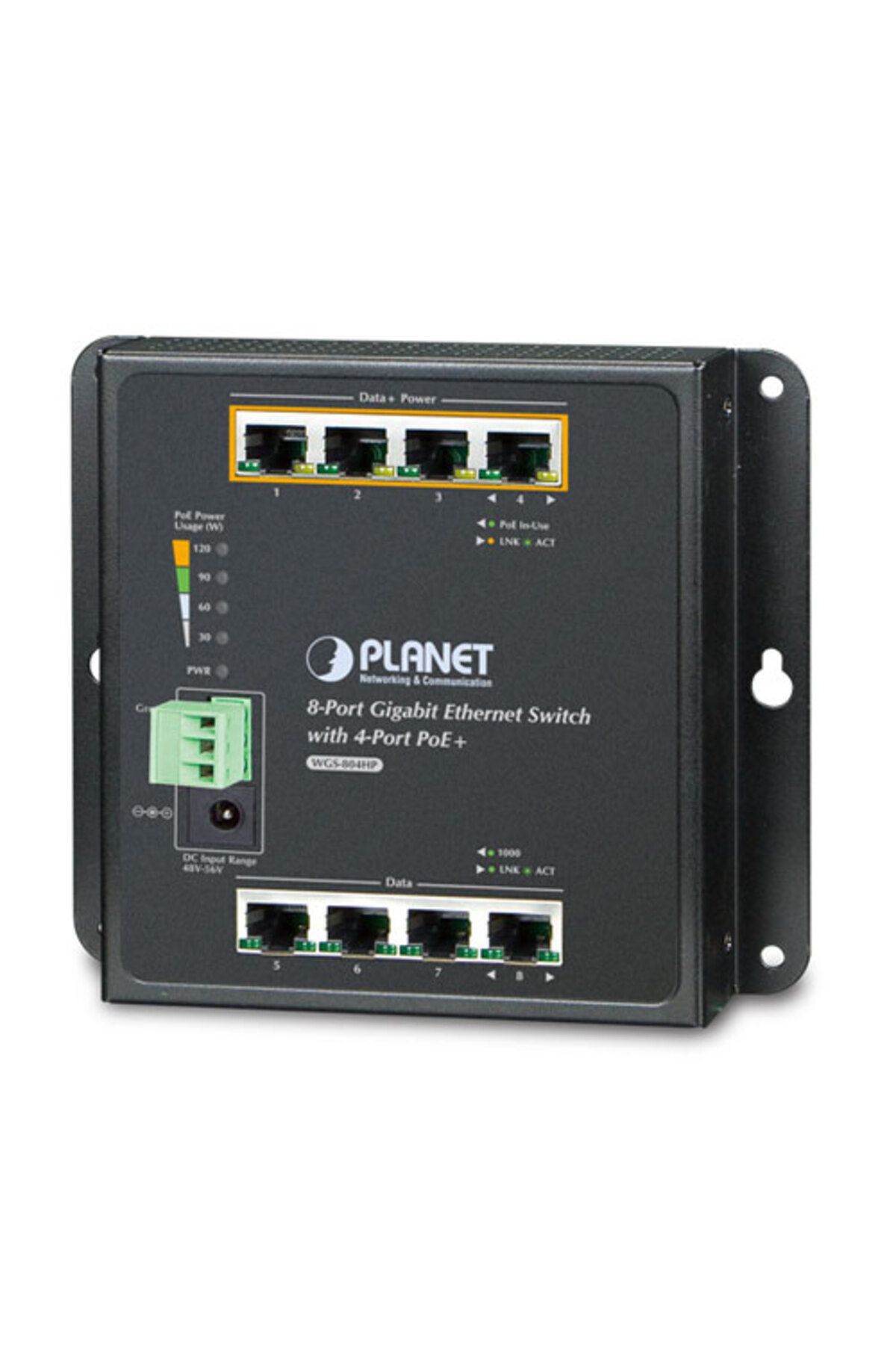 Planet Duvar Tip Yönetilemeyen PoE+ Switch<br>8-Port 10/100/1000Base-T (Port-1 ile Port-4 arası IEEE