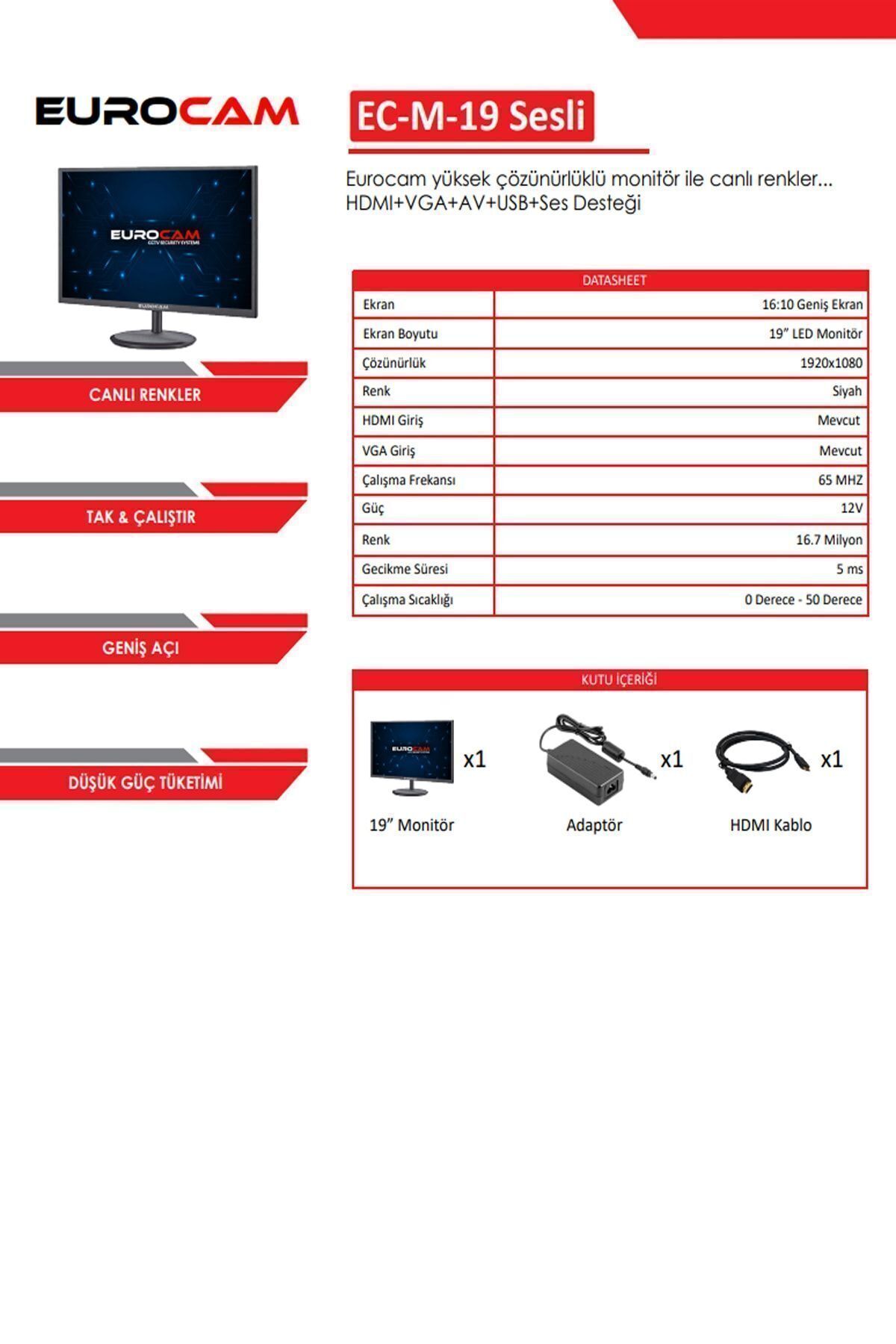 eurocam Ec-m19 19" 65hz 0,5ms (HDMI VGA RCA SES) 1920 X 1080 Hd Lcd Monitör ( Dahili Hoparlör )