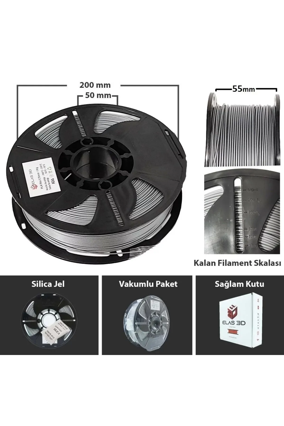 ELAS3D Elas 1.75mm Gümüş Pla Plus Filament 1kg