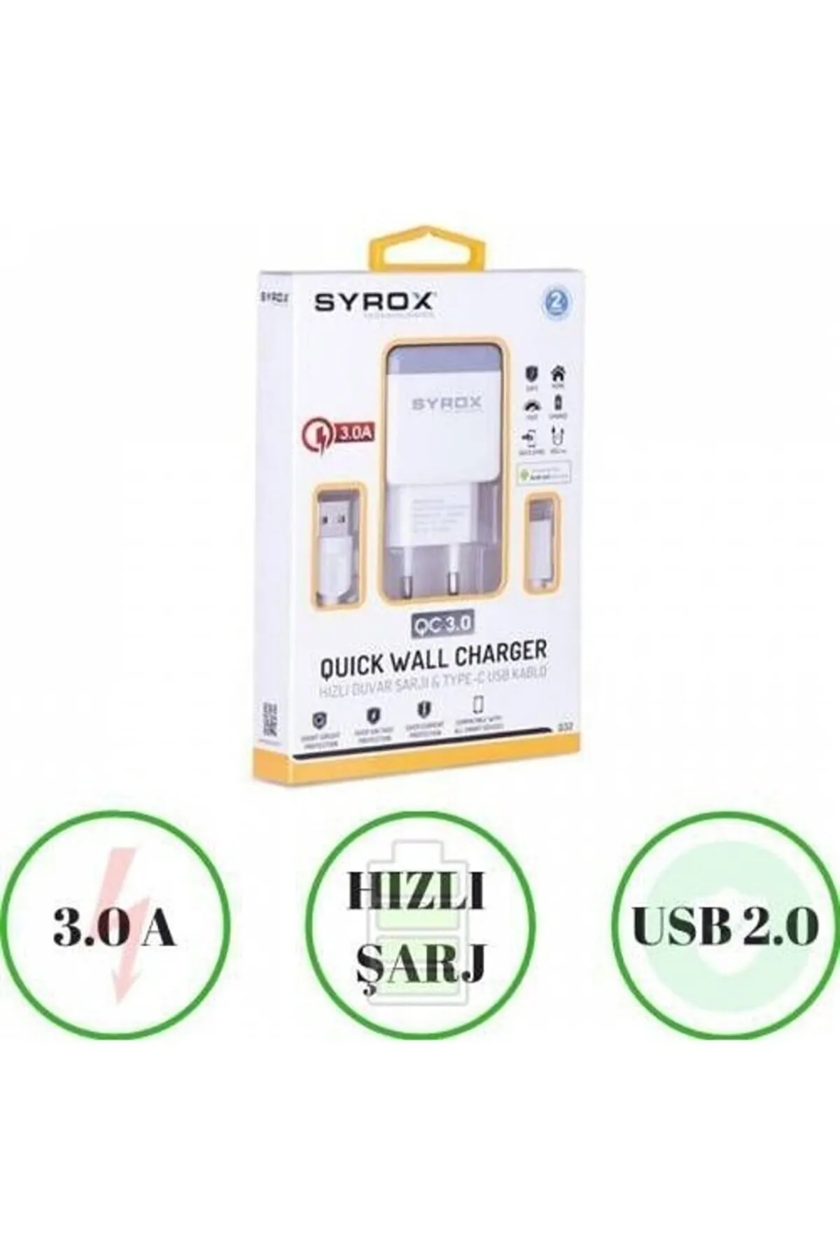 Syrox Elephone A7H Uyumlu Type-C Girişli Hızlı Şarj Cihazı Seti Adaptör+Kablo Q32 3.0A Beyaz