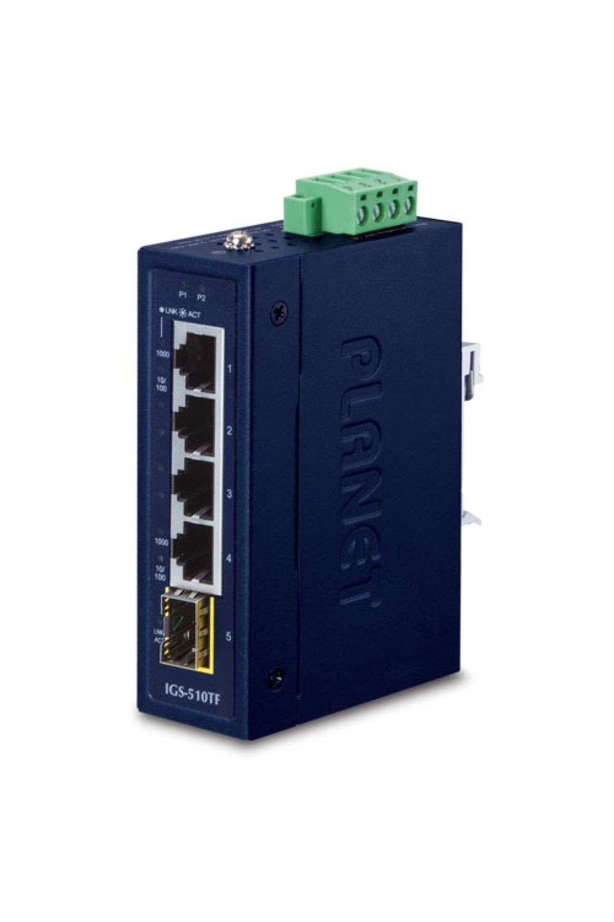 Planet Endüstriyel Kompakt 4-Port 10/100/1000T + 1-Port 100/1000X SFP Gigabit Ethernet Switch<br>Indu